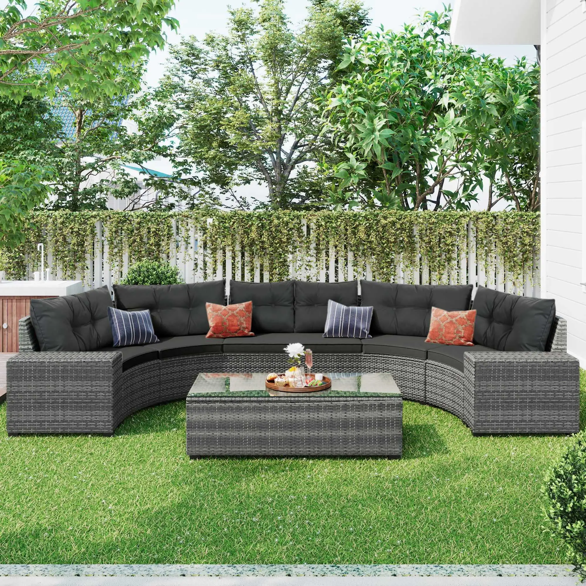 8 Pieces Half-Moon Outdoor Patio Furniture Set Outdoor Sectional Rattan Sofa Set Manual Wicker Patio Conversation Set with Rectangular Coffee Table Movable Cushion for Yard(Grey)