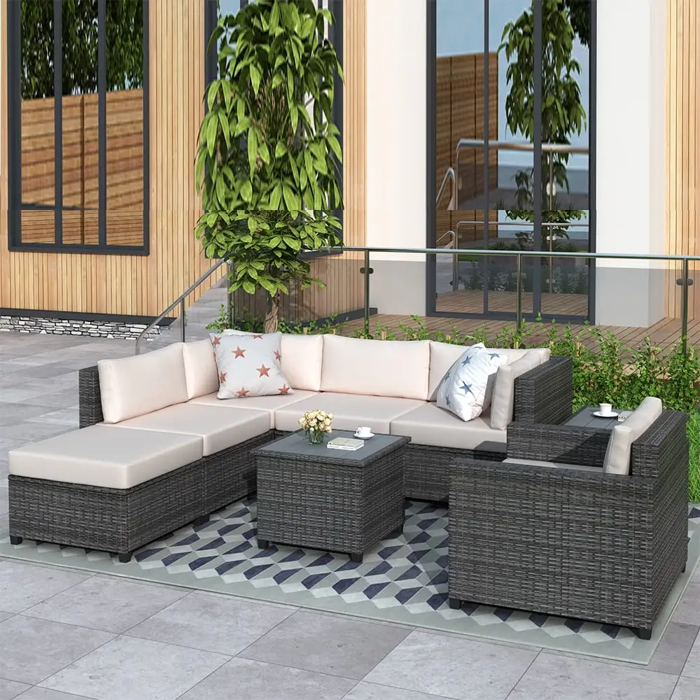 8 Pieces Patio PE Rattan Sofa Chair Set. Outdoor Sectional Seating Group. Low Back Deck Conversation Sofa Set w/Ottoman. 2 Tables and Beige Cushions. Porch Garden Poolside Balcony Use Furniture