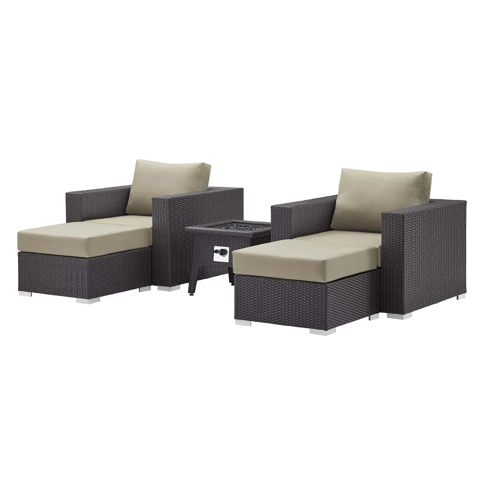 Contemporary Modern Urban Designer Outdoor Patio Balcony Garden Furniture Lounge Sofa. Chair and Coffee Table Fire Pit Set. Fabric Rattan Wicker. Beige