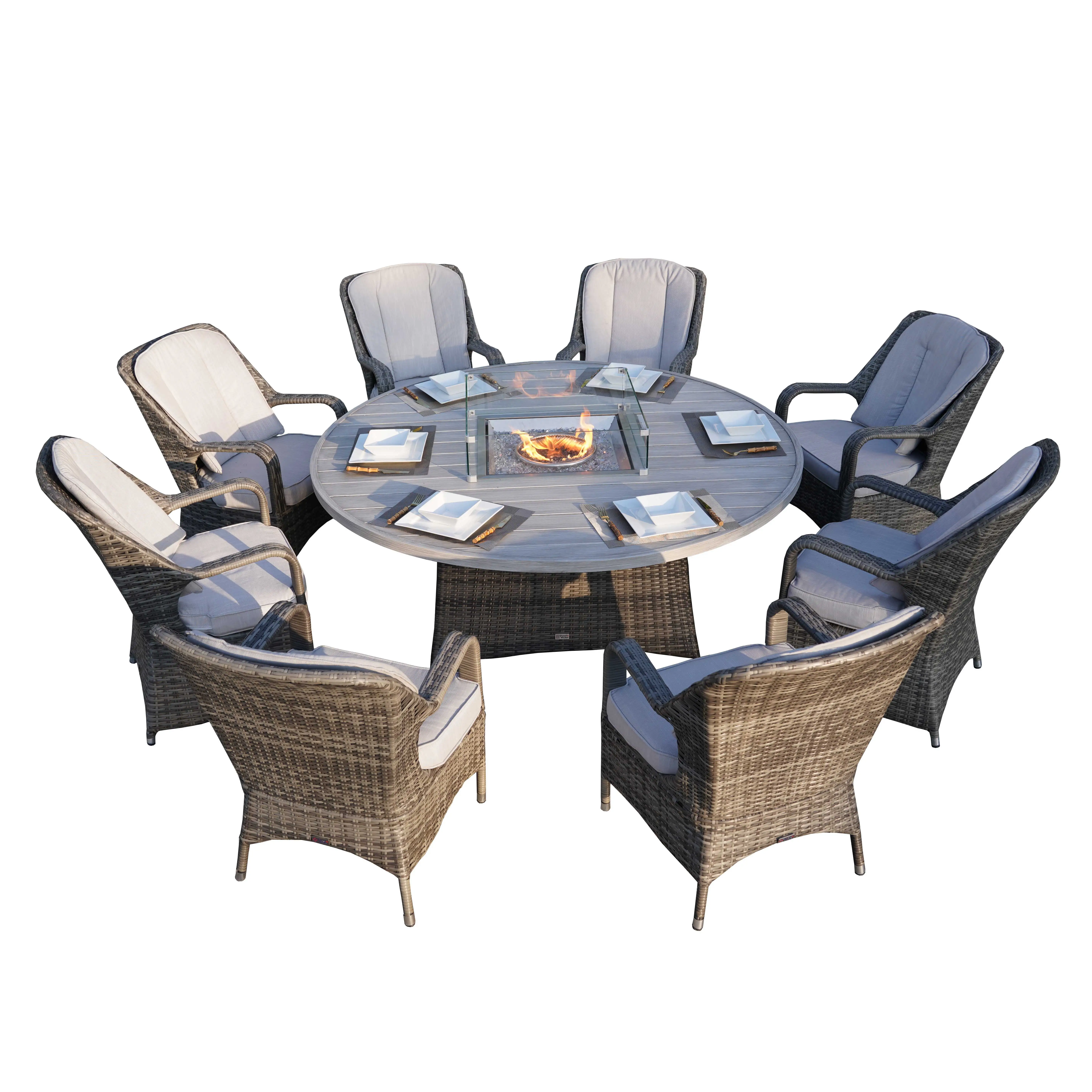 Direct Wicker Ellington Outdoor Wicker Round Firepit Dining Set with 8 Pieces Rattan Chairs