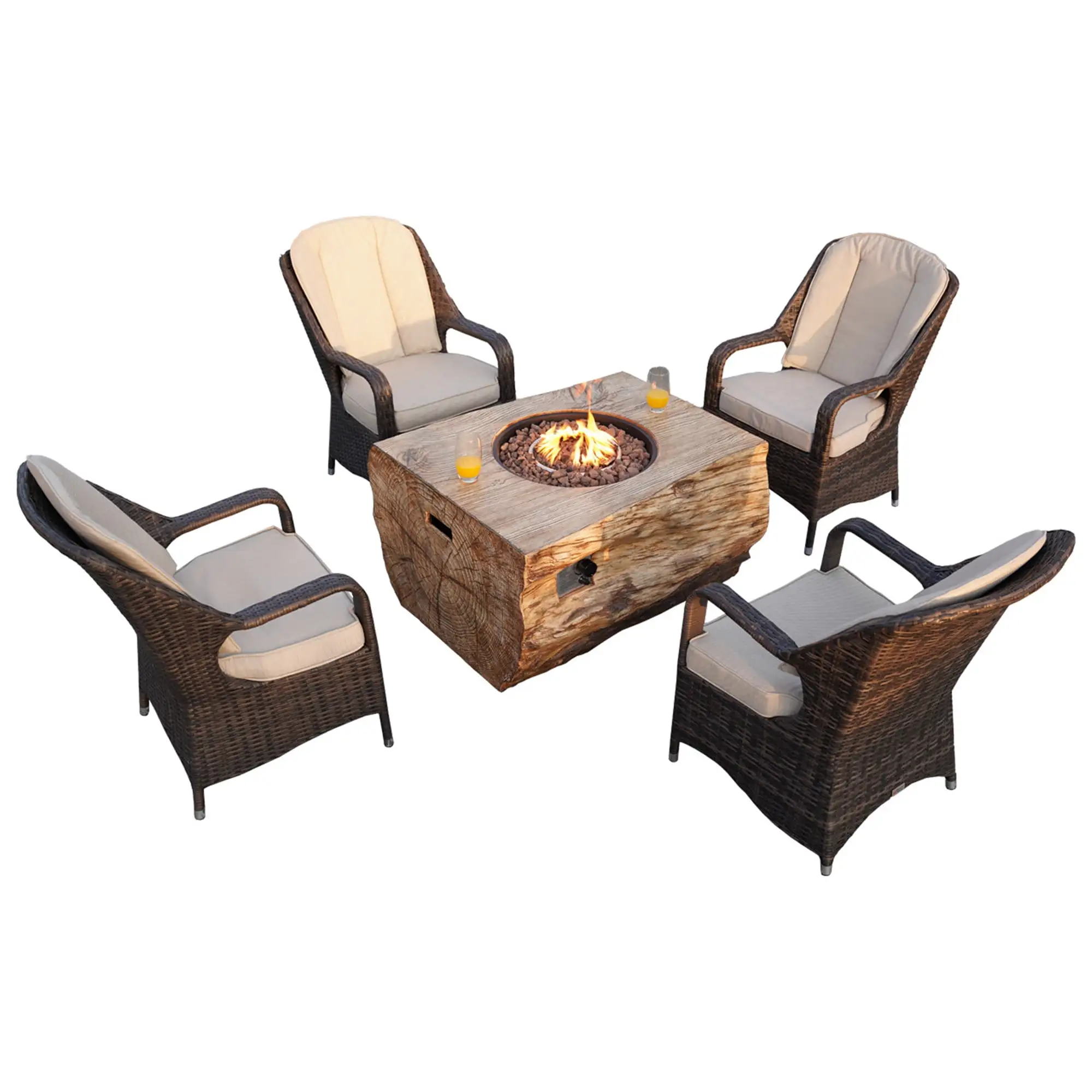 5-Piece Gas Fire Table Set with 4 Brown Rattan Chairs. Outdoor Conversation Set Suitable for Garden. Patio. Yard