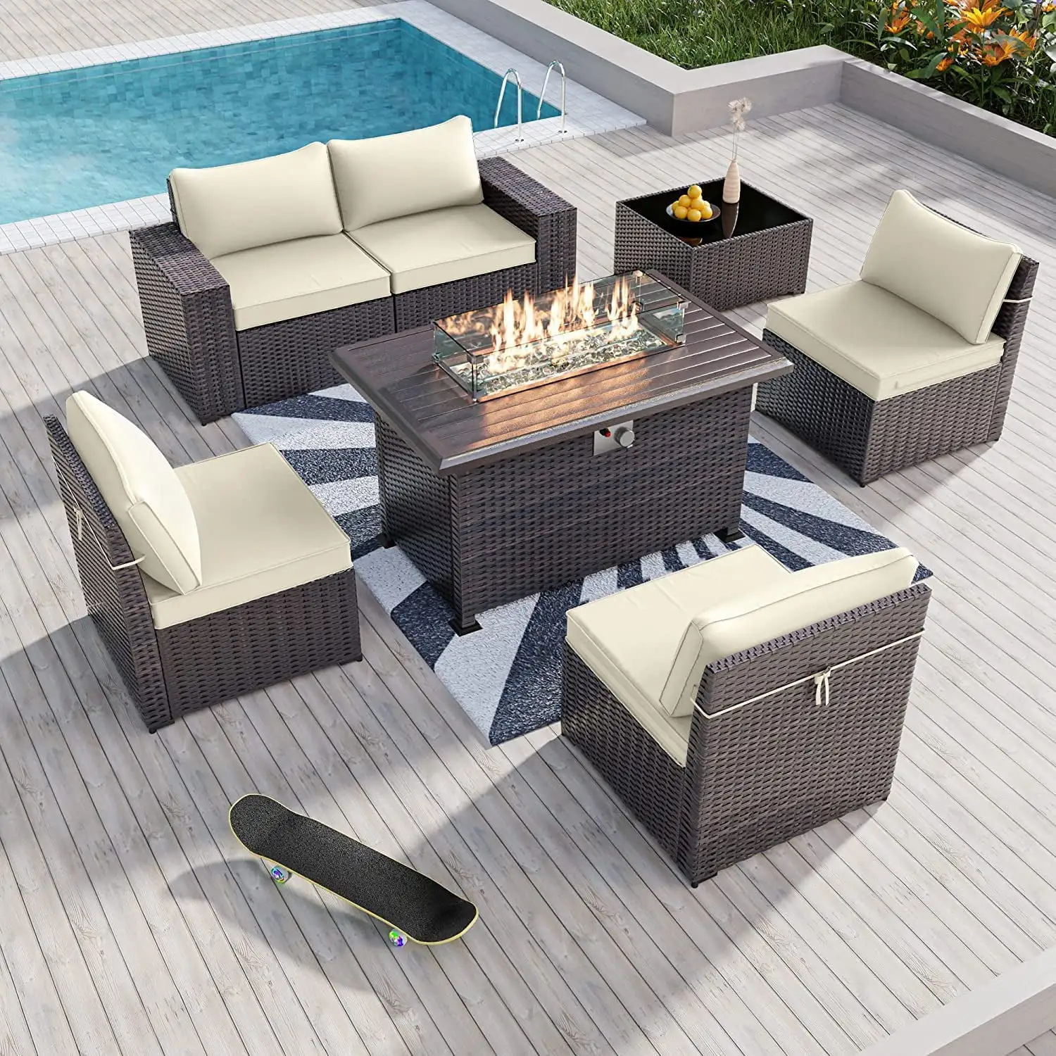 8PCS Outdoor Patio Furniture Set with 43" 55000BTU Gas Propane Fire Pit Table PE Wicker Rattan Sectional Sofa Patio Conversation Sets Navy Blue