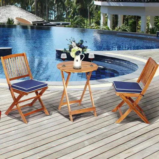 3 Pieces Patio Folding Wooden Bistro Set Cushioned Chair-Navy