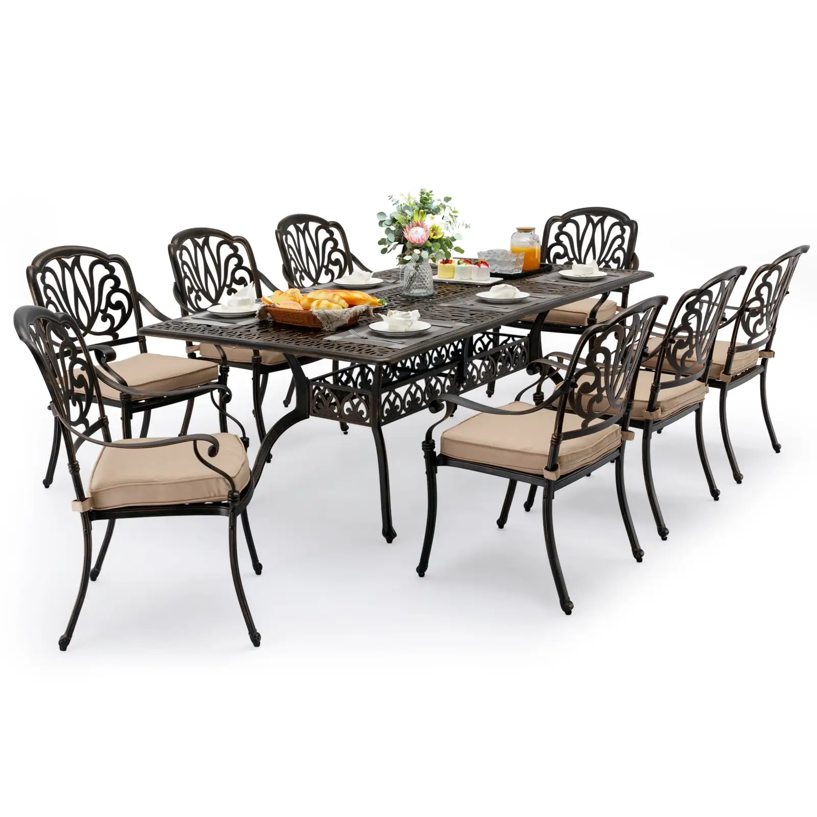 9-Piece Cast Aluminum Outdoor Table and Chairs. Classic Vintage Patio Dining Set for 8 Include 87 Rectangular Balcony Dining Table with Umbrella Hole and 8 Chairs with Cushion