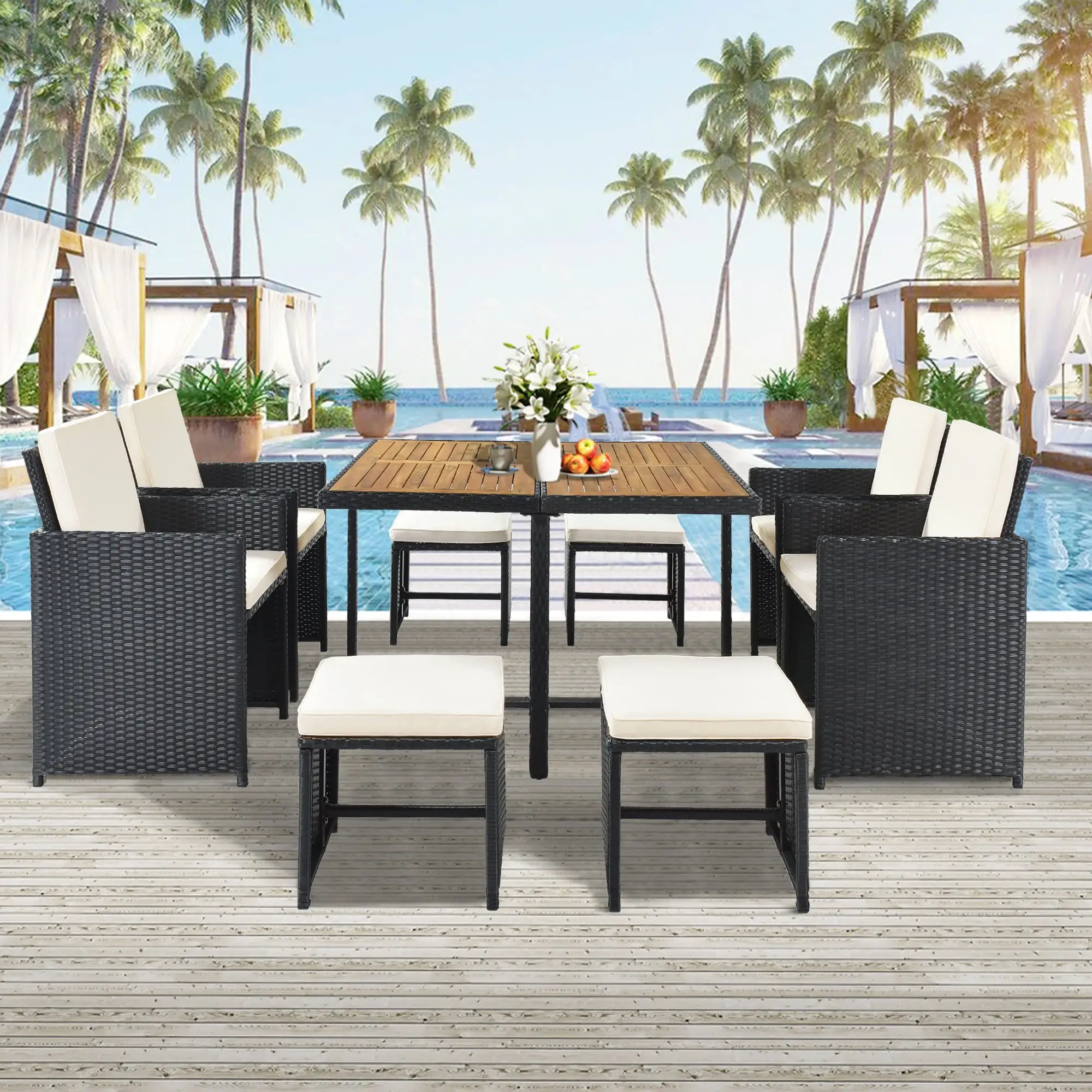 9 Piece Indoor Outdoor Wicker Dining Set Furniture. Patio Rattan Furniture Set with Wood Tabletop. Armrest Chairs and Stools. All-Weather Sectional Conversation Set with Cushions