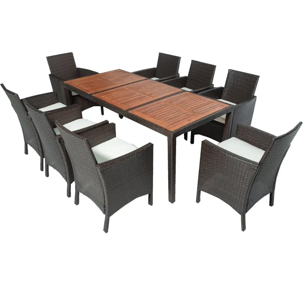 9 Piece Outdoor Dining Set with 8 Chairs. Patio Wicker Dining Table Chairs Conversation Set with Seat Cushions and Acacia Wood Top Table