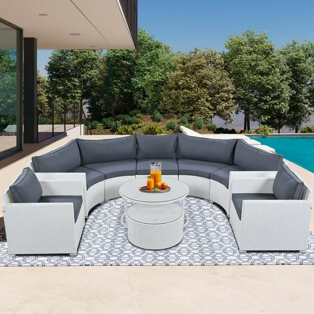 9 Piece Patio Furniture Set. Half-Moon Sectional Furniture Sofa Set with 2 Free Overlapping Tables. PE Rattan Round Sofa Set. Outdoor Conversation Set for Patio Pool Yard Garden - White Rattan