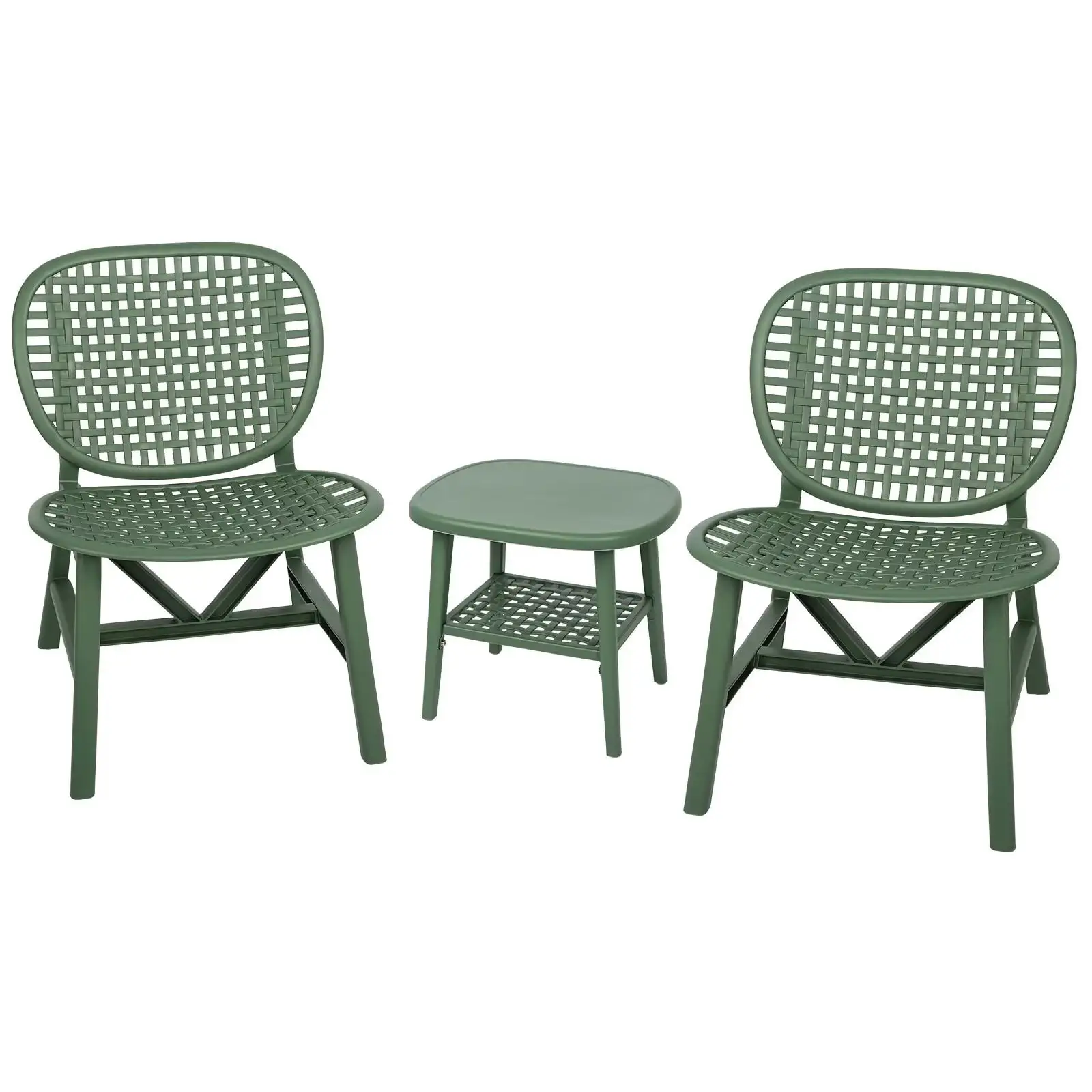 3-Piece Hollow Design Patio Table Chair Set. All Weather Conversation Bistro Set Outdoor Table with Open Shelf and Lounge Chairs for Balcony Garden Yard. Green