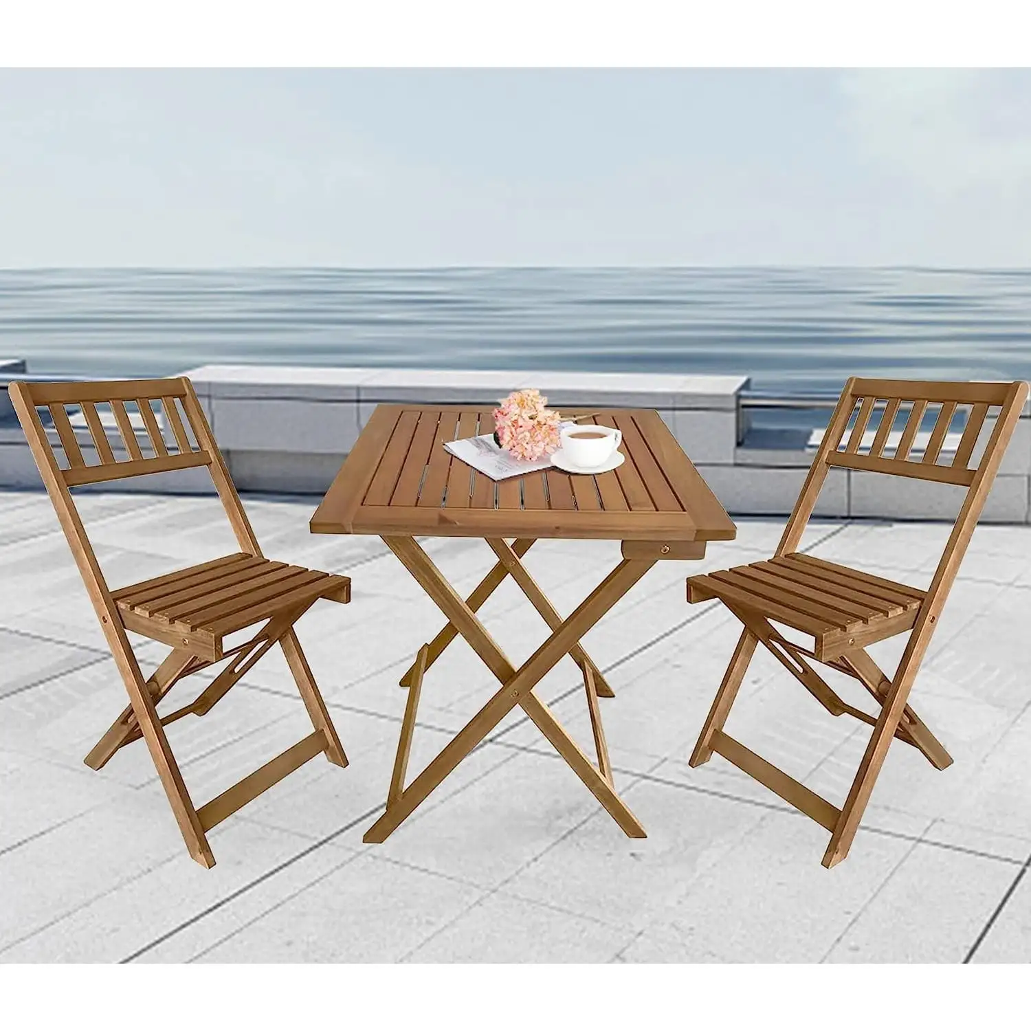 3 Piece Bistro Set Acacia Wood Folding Patio Table Set Outdoor Table and Wooden Chairs Weather Resistant Balcony Furniture Conversation Coffee Table for Balconies Backyard Lawn Pool. Natural