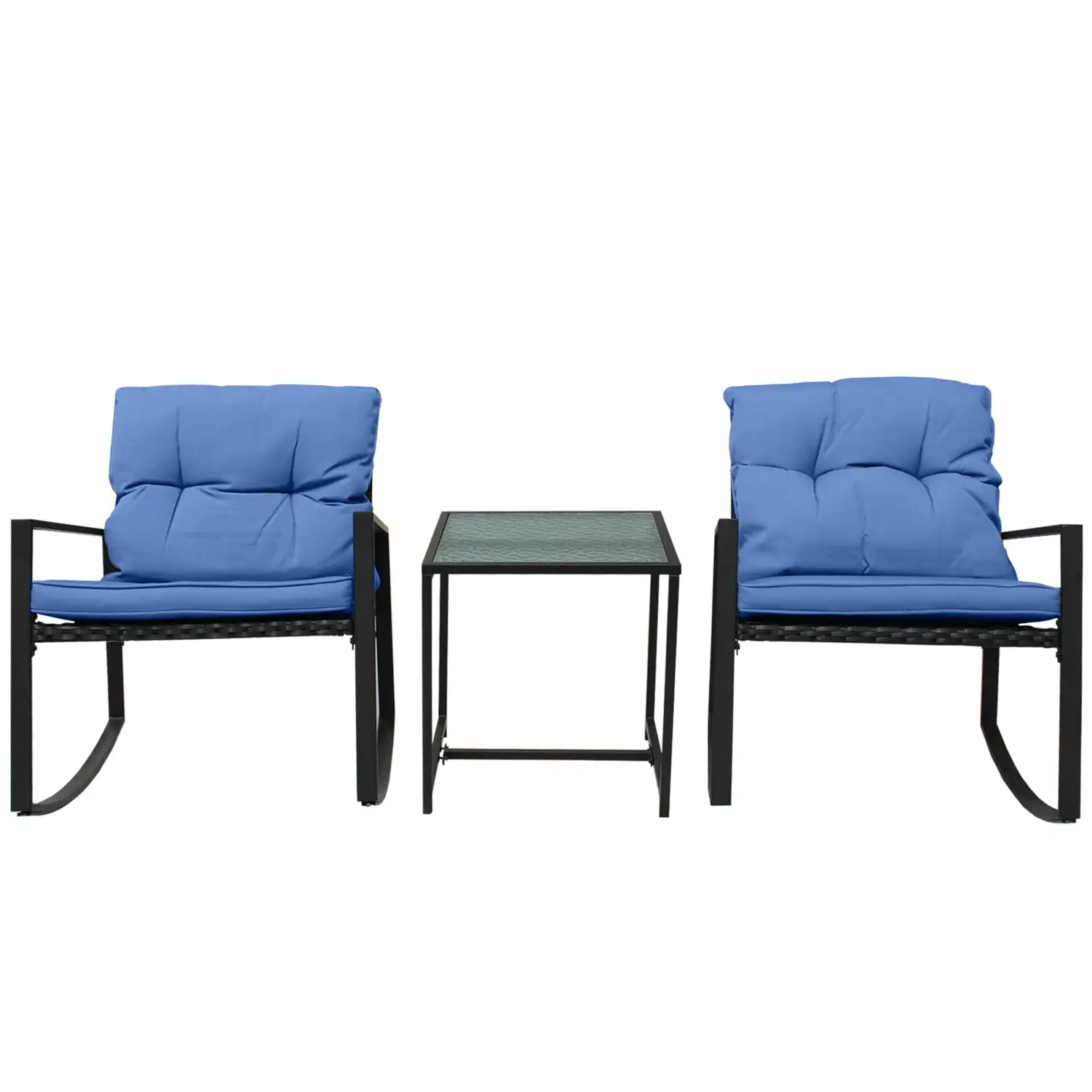 Acantha 3-Piece Porch Sturdy Furniture Set -2 Soft Cushion Metal Chairs With a Glass Coffee Table - Dark Blue