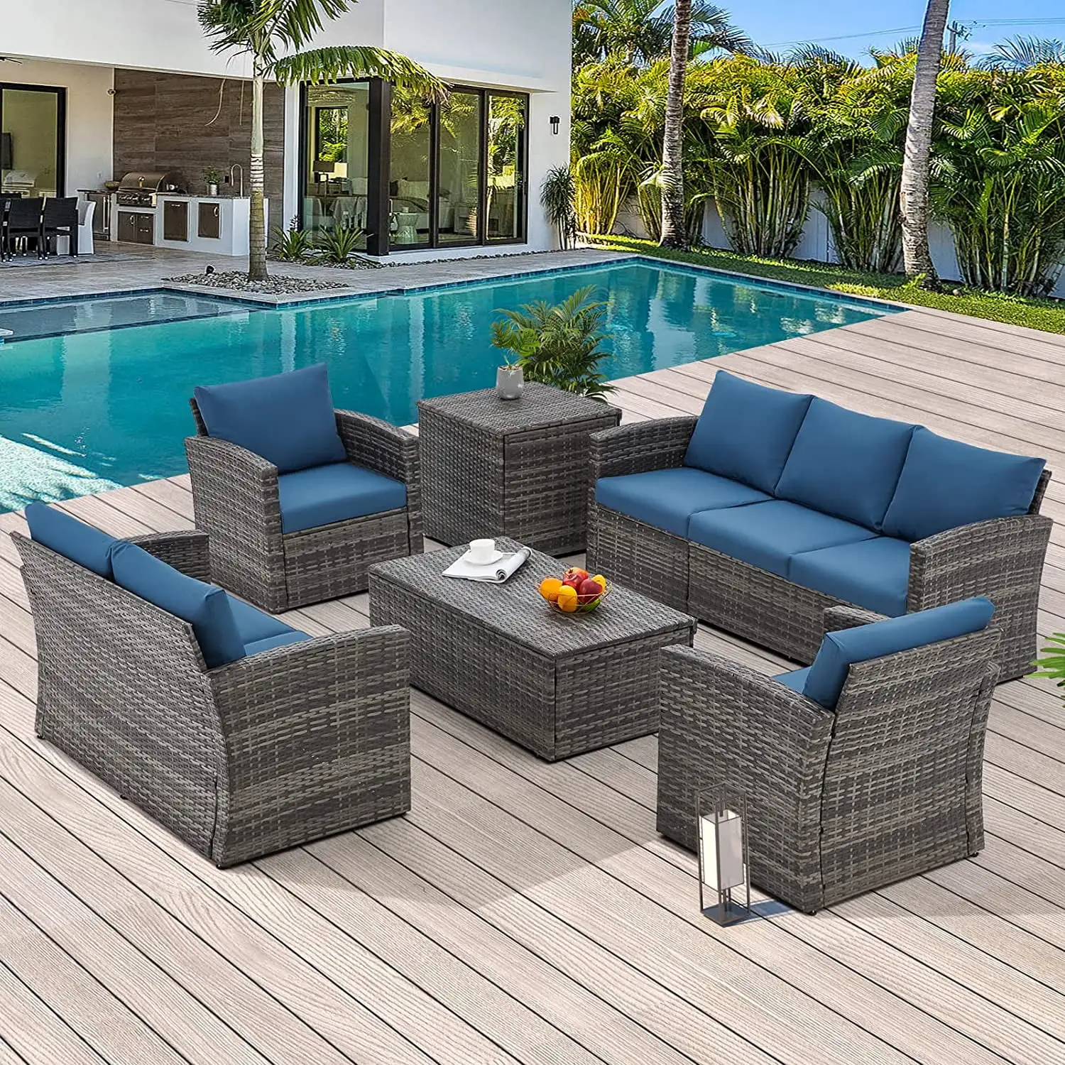 AECOJOY 7 Pieces Outdoor Furniture Set with Two Storage Boxes. Rattan Wicker Sectional Sofa Couch Patio Conversation Set. Dark Blue