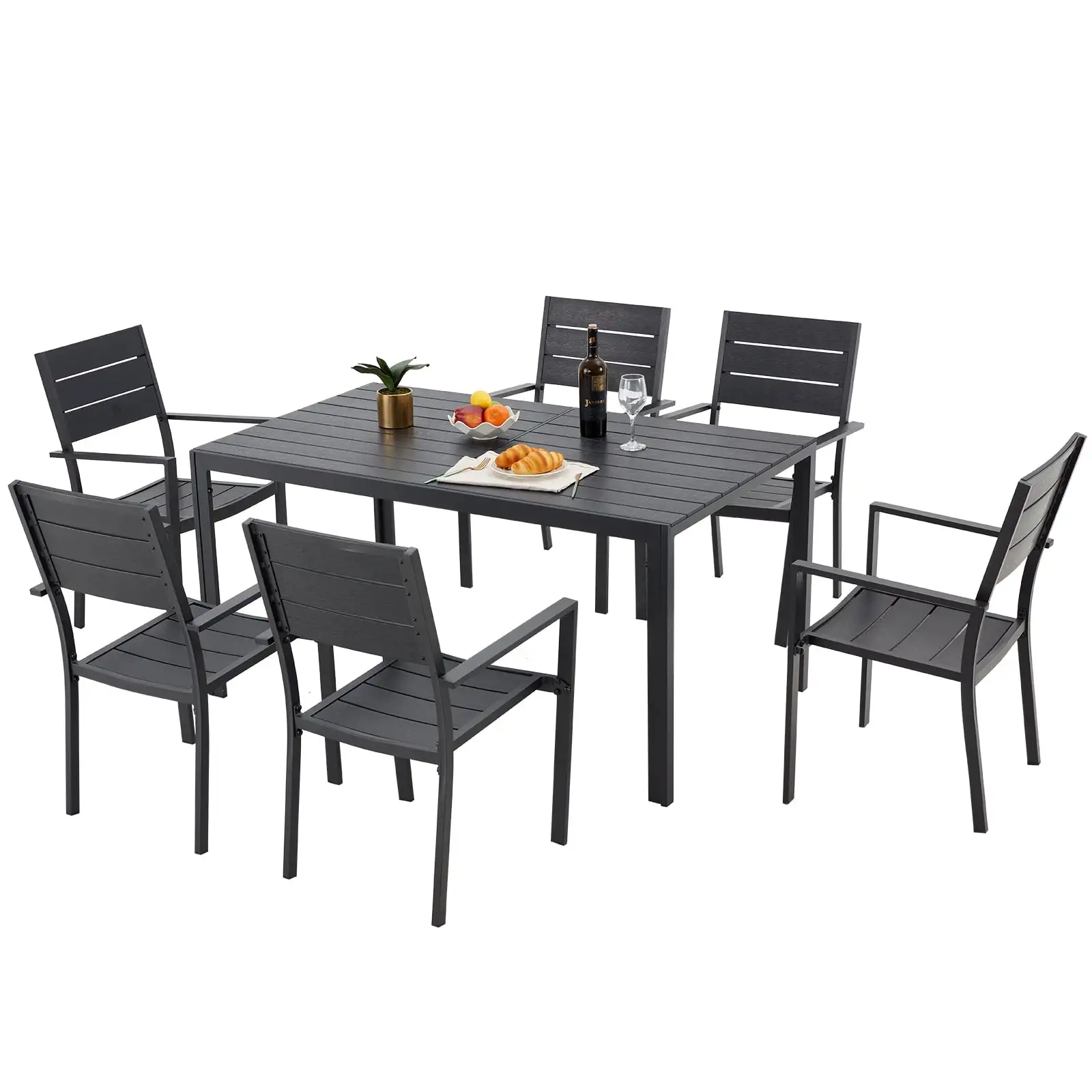 AECOJOY Aluminum 7 Piece Outdoor Furniture Patio Dining Set with Rectangular Table and 6 Chairs - Black