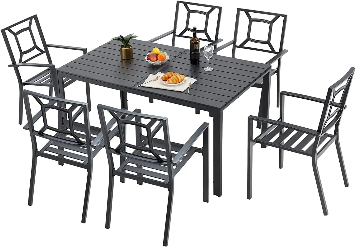 AECOJOY Metal 7 Piece Outdoor Furniture Patio Dining Set with Rectangular Table and 6 Chairs - Black