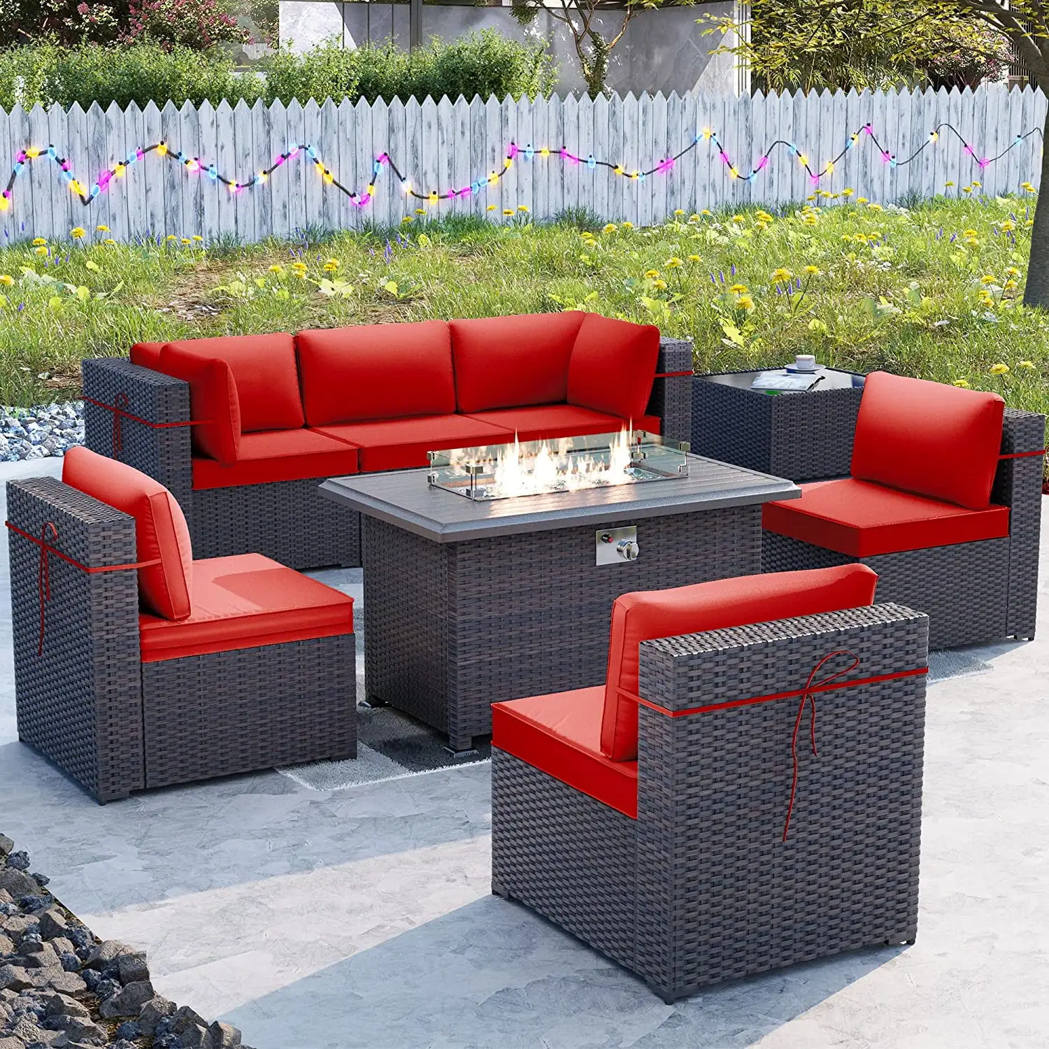 ALAULM 8 Pieces Outdoor Furniture Set with 43 Gas Propane Fire Pit Table PE Wicker Rattan Sectional Sofa Patio Conversation Sets.Red