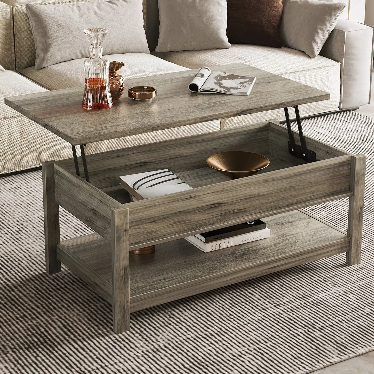 ALPULON Modern Farmhouse Lift-Top Coffee Table With Lower Shelf Gray Finish