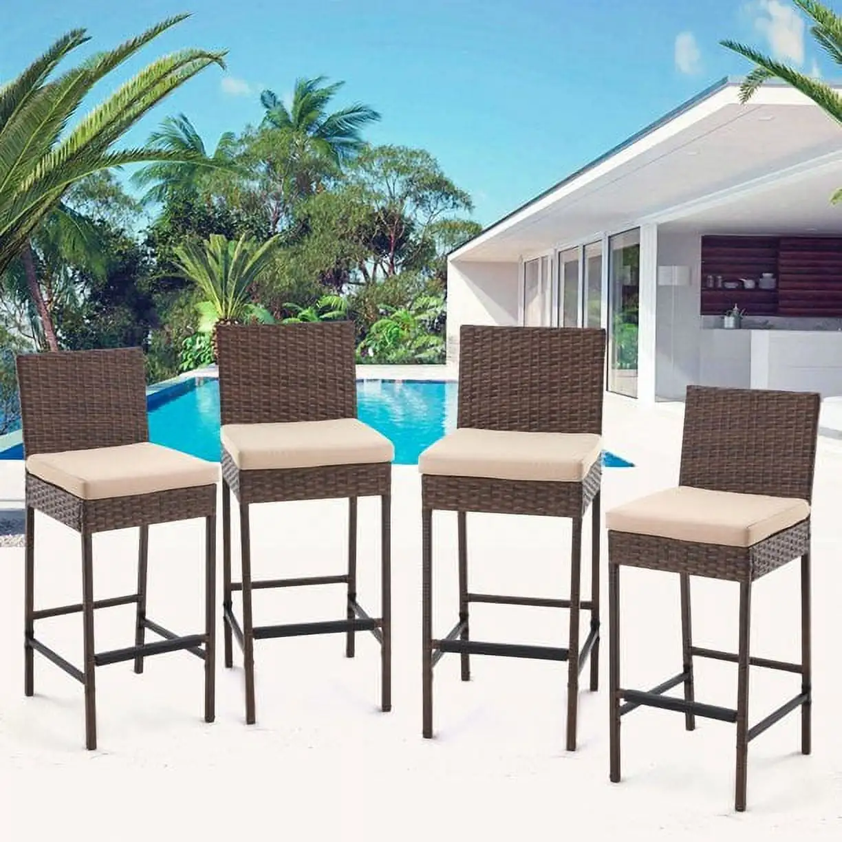 AVAWING Outdoor Wicker Rattan Bar Stools Set of 4 with Cushion for Backyard. Brown