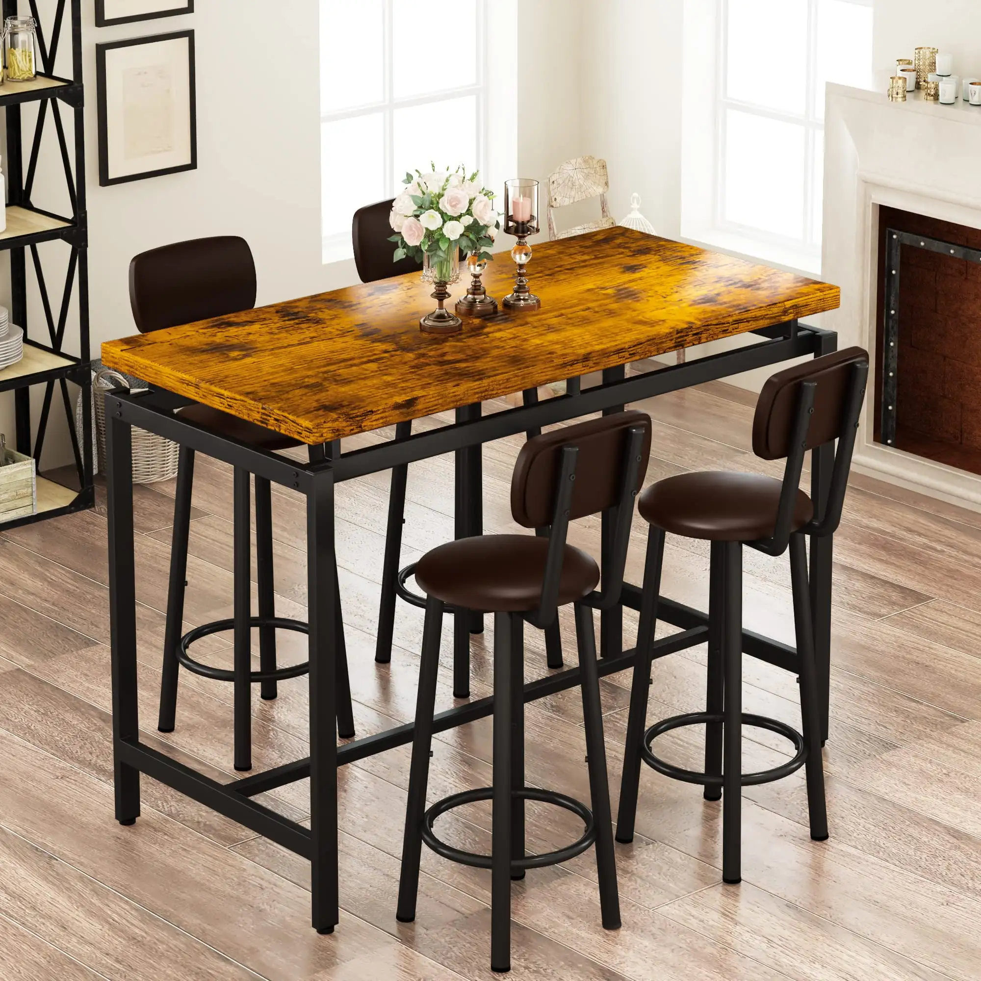 AWQM Bar Table Set. Industrial Counter Height Pub Table with 4 Chairs. 5 Pieces Kitchen Dining Table Set. PU Upholstered Stools with Backrest. Rustic Brown