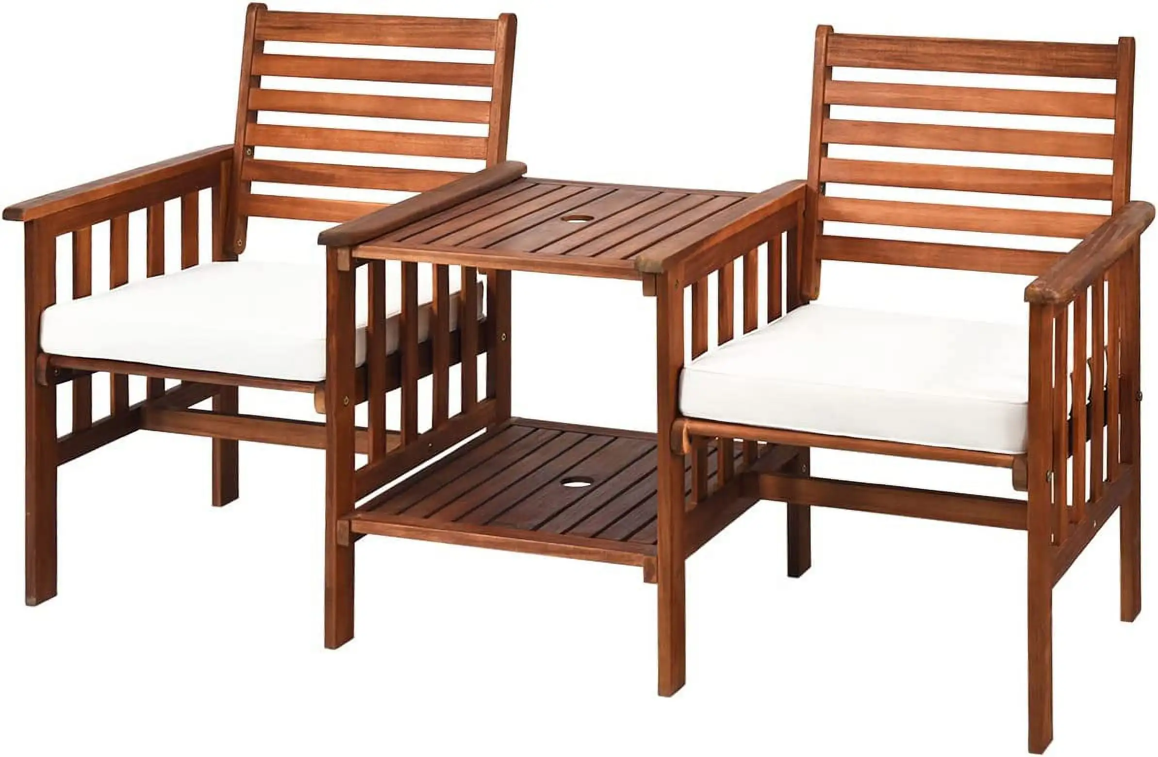 Acacia Wood Loveseat. 3pcs Outdoor Table Chairs Set. Patio Conversation Set w/Coffee Table. and Soft Cushions. 2.1-inch Umbrella Hole. 2-Seater Furniture Set