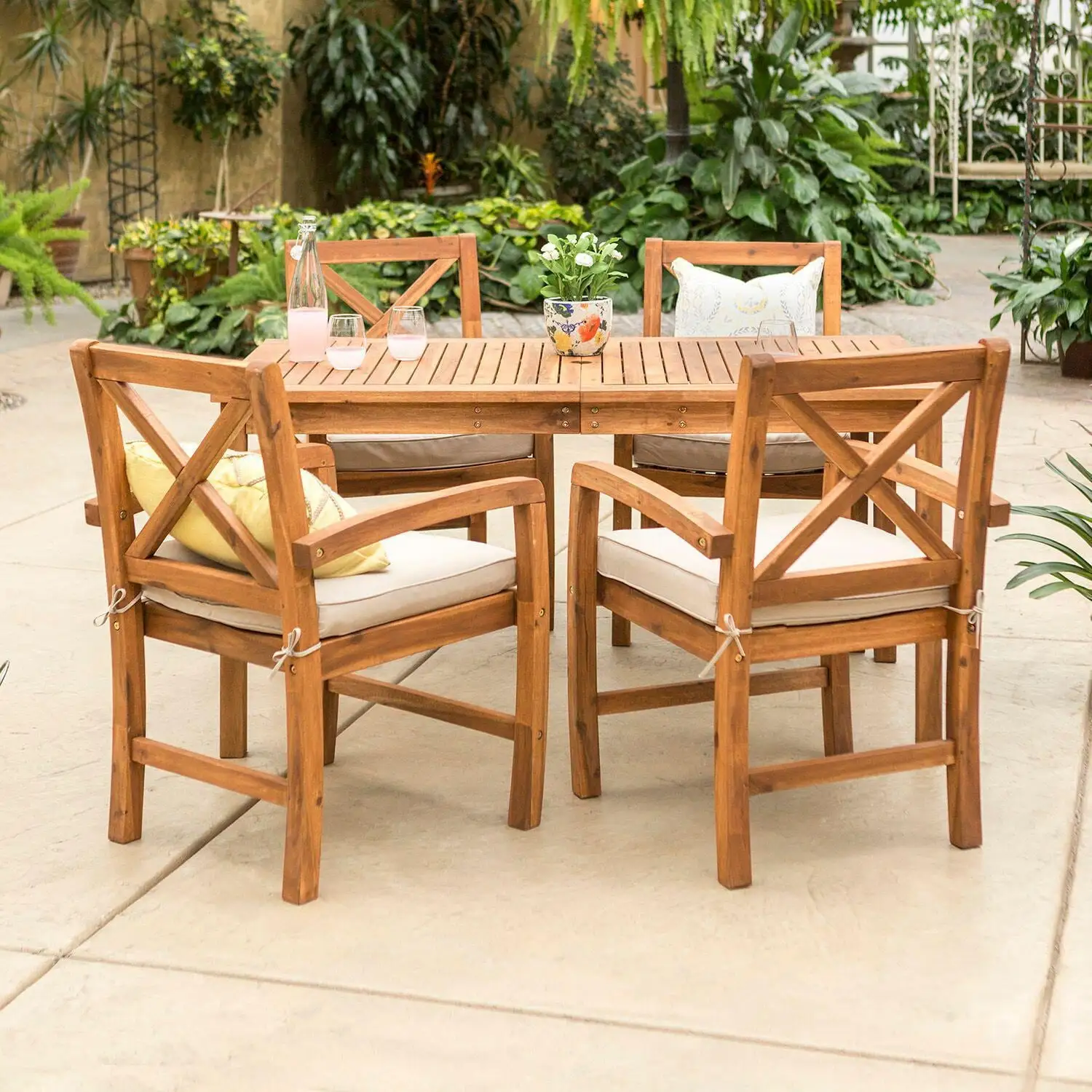 Acacia Wood Simple Patio 5-Piece Dining Set with x-shaped back - Brown