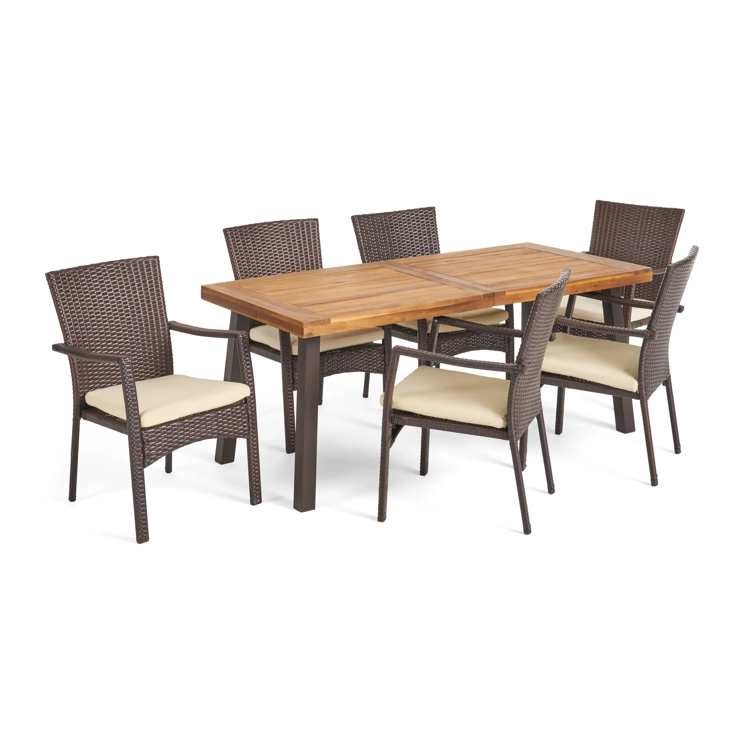 Acova 7-Piece Outdoor Wood and Wicker Dining Set. Natural Stained and Brown