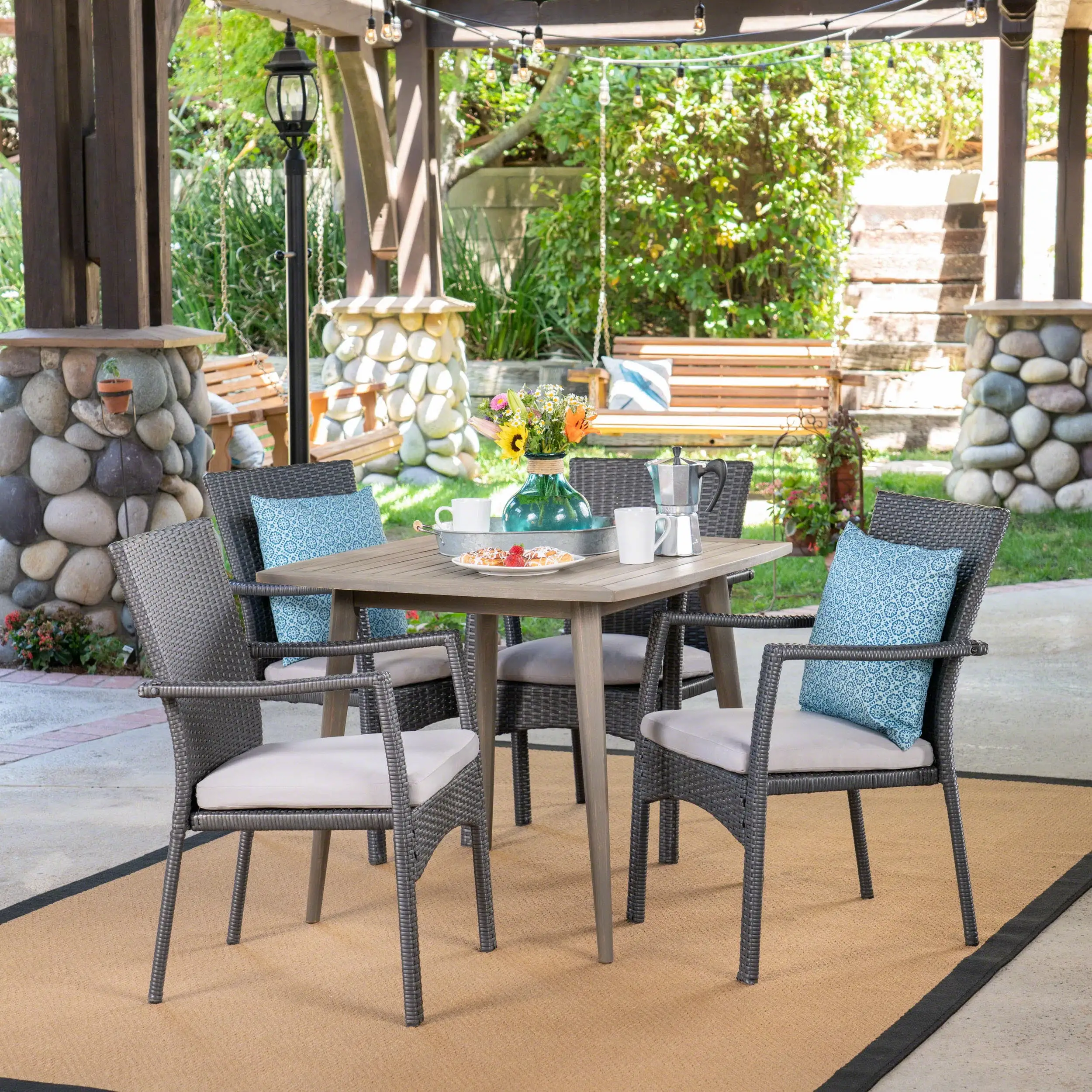 Aden Outdoor 5 Piece Acacia Wood and Wicker Dining Set with Cushions. Gray. Gray