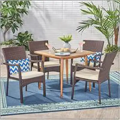 Aden Outdoor 5 Piece Acacia Wood and Wicker Dining Set with Cushions. Teak. Brown