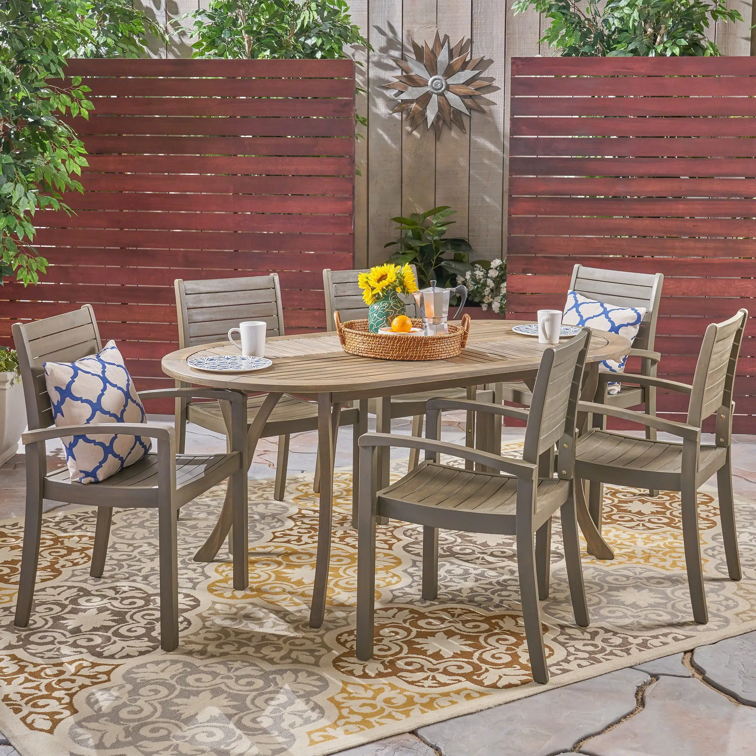 Adriana Outdoor 7 Piece Acacia Wood Oval Dining Set. Gray