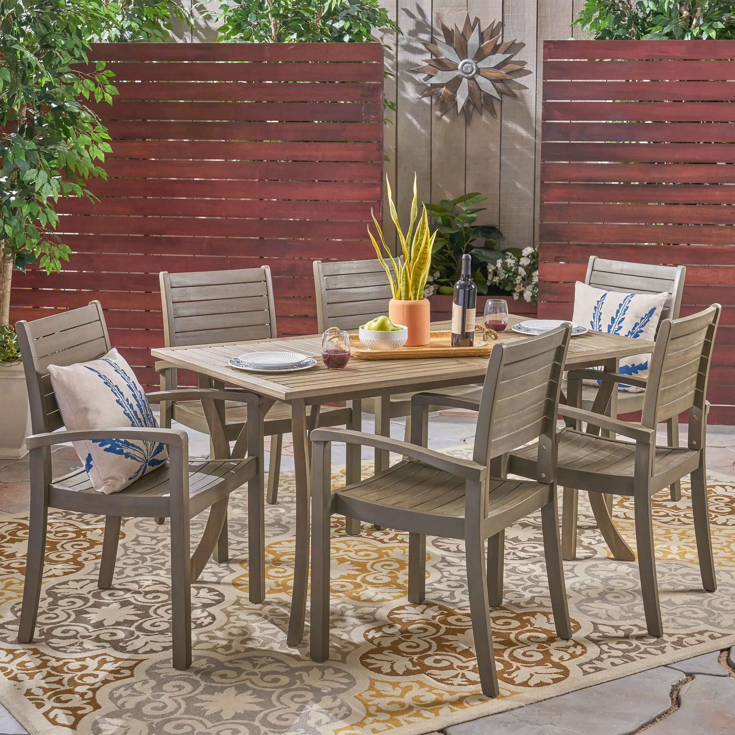 Adriana Outdoor 7 Piece Acacia Wood Rectangular Dining Set. Gray