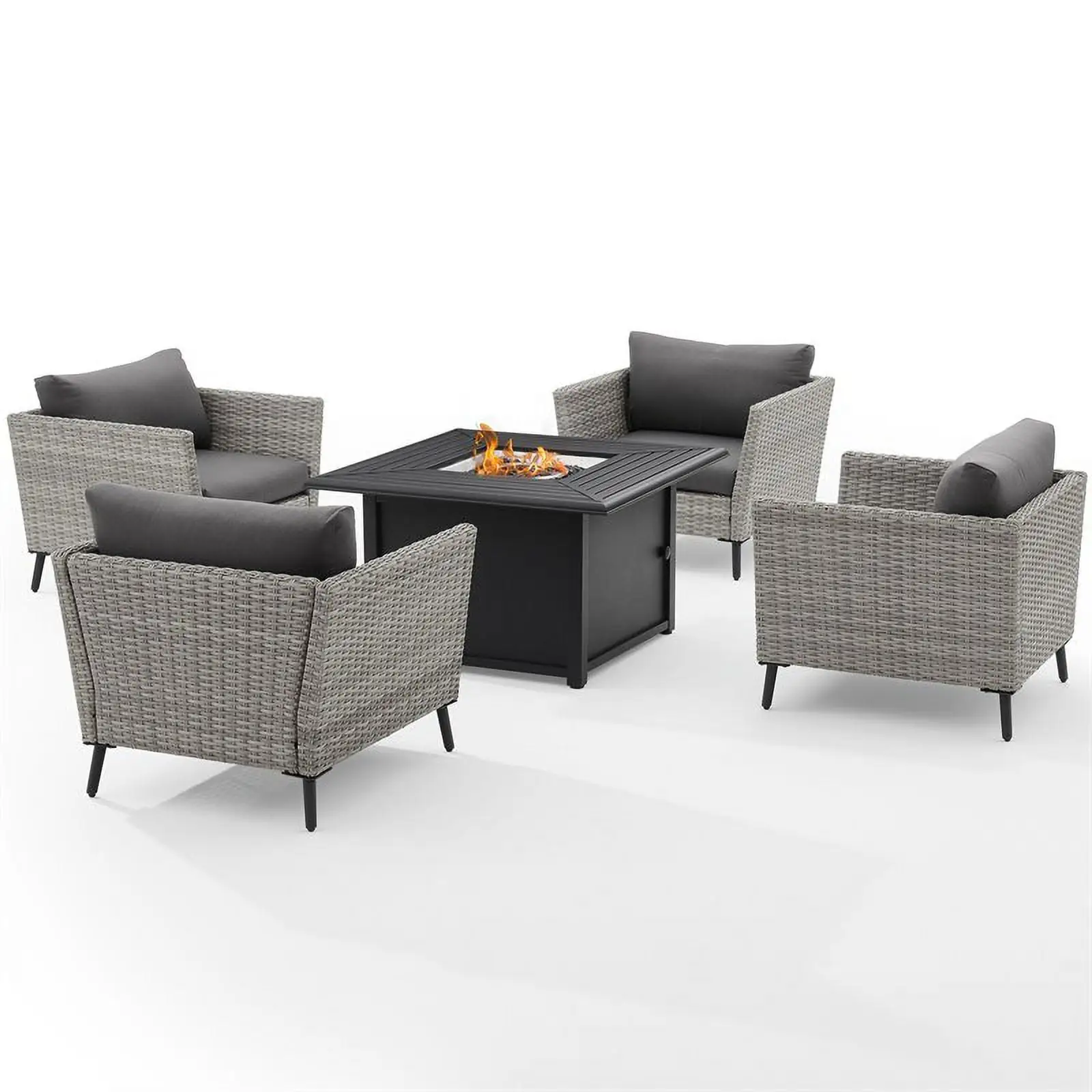 Afuera Living 5 Piece Wicker Patio Fire Table Set in Gray and Black