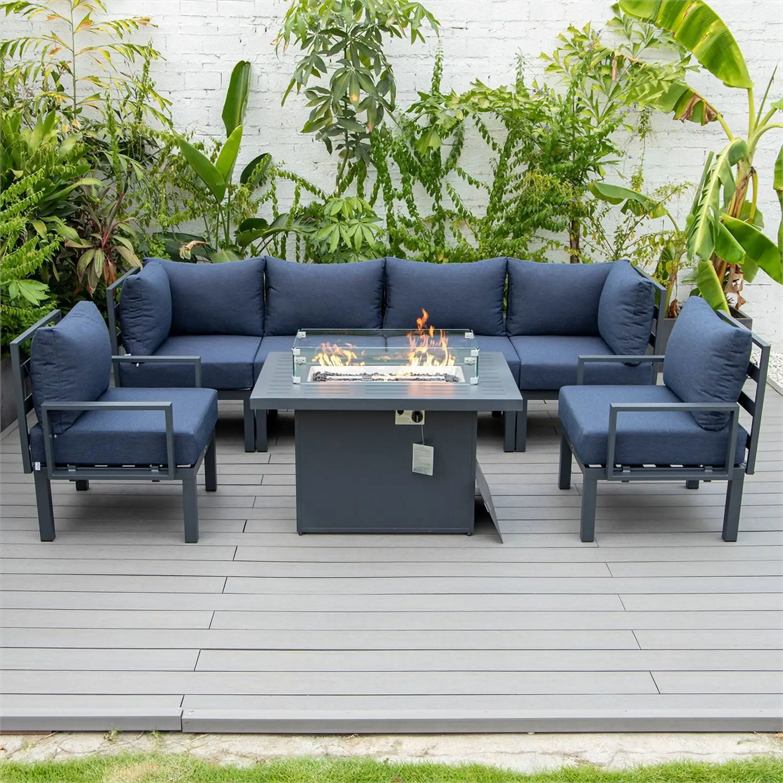 Afuera Living 7-Piece Sectional And Fire Pit Table With Cushions in Blue