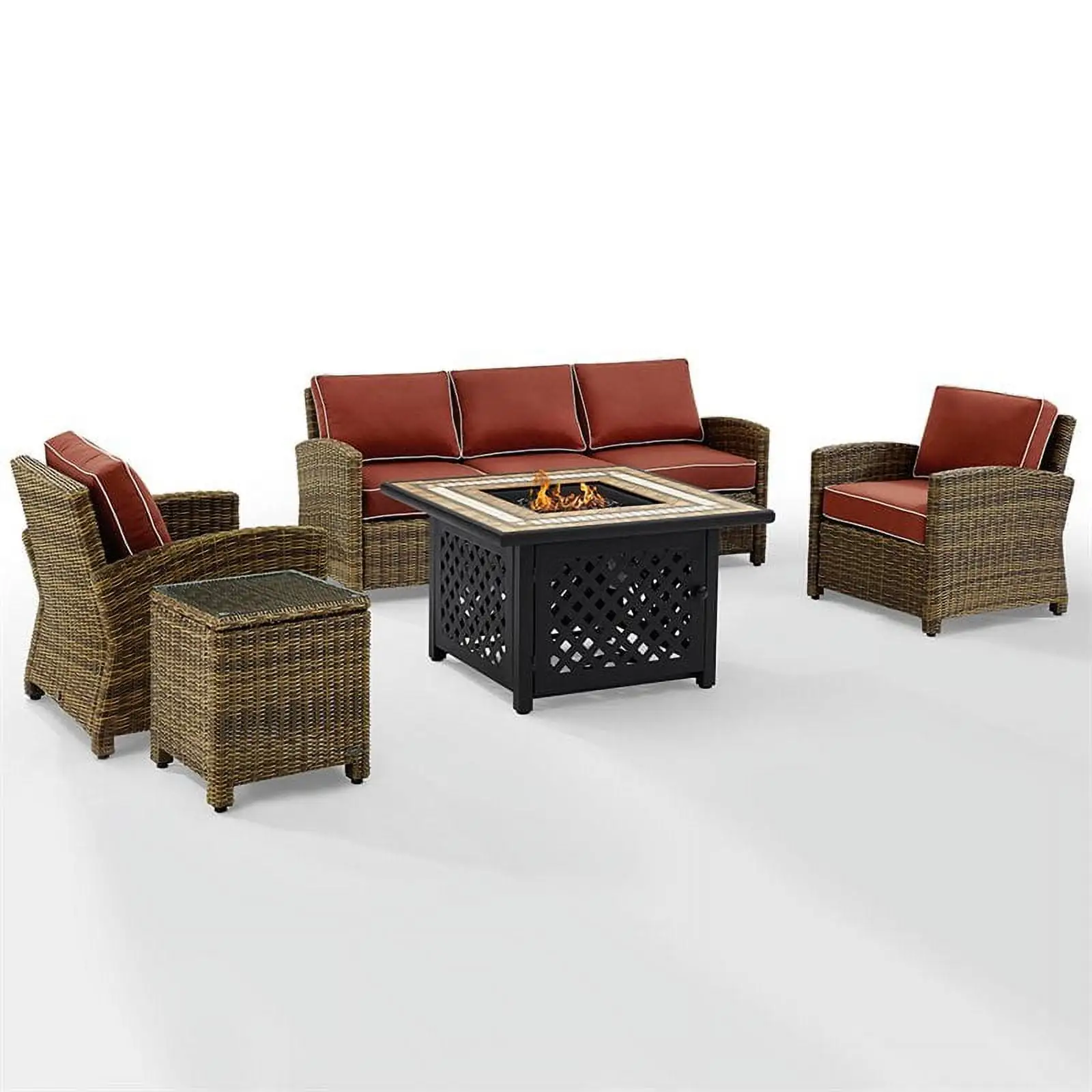 Afuera Living Transitional 5 Piece Patio Fire Pit Sofa Set in Brown and Sangria