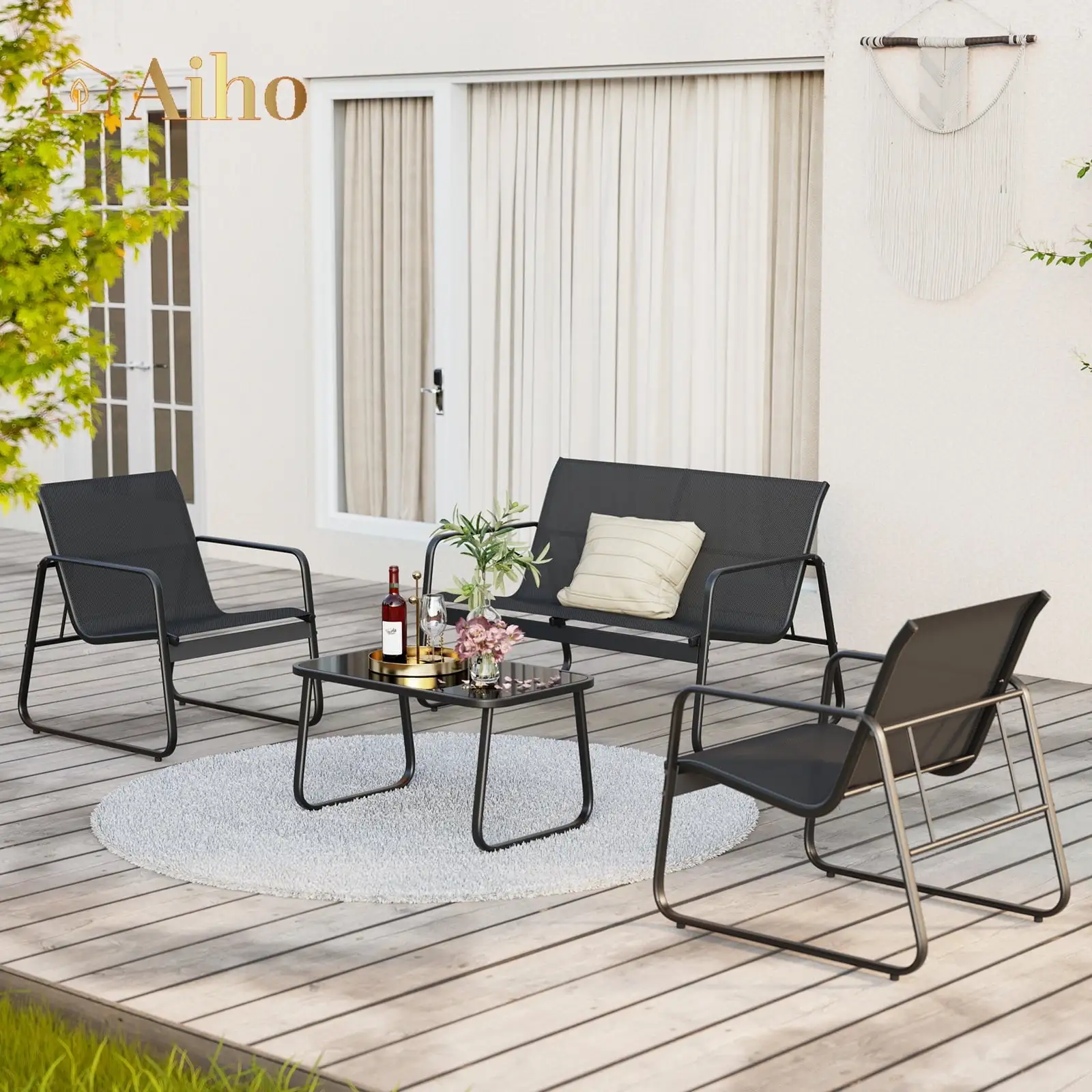 Aiho 4 Piece Patio Bistro Chairs Set with Coffee Table. Balcony Furniture for Yard. Patio. Modern Garden and Bistro - Black