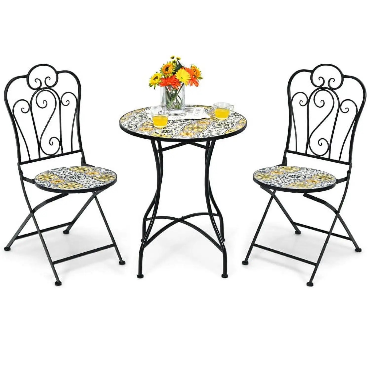 Aimee Lii 3 Pieces Patio Bistro Set with Folding Chairs and Round Table. Patio Conversation Sets. Beige