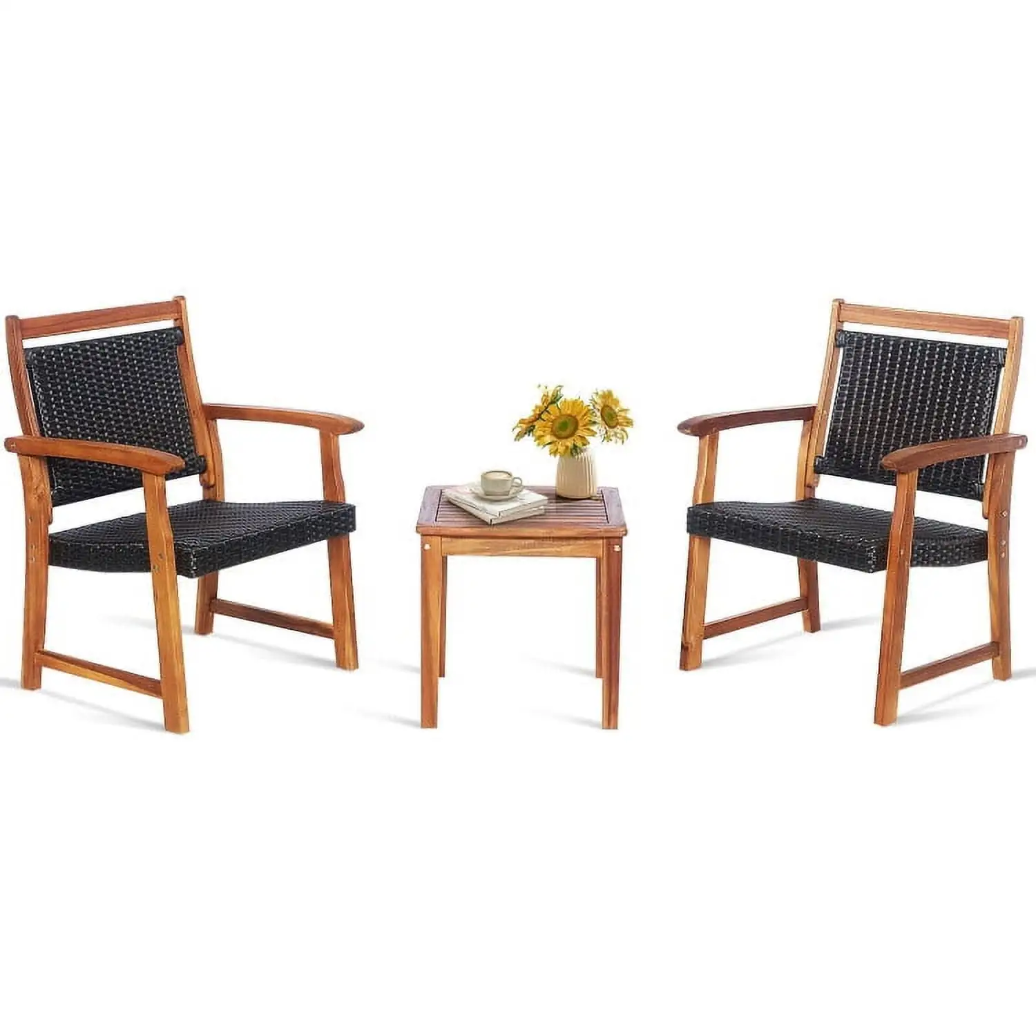 Aimee Lii 3 Pieces Rattan Bistro Set with Acacia Wood Frame. Modern Patio Furniture