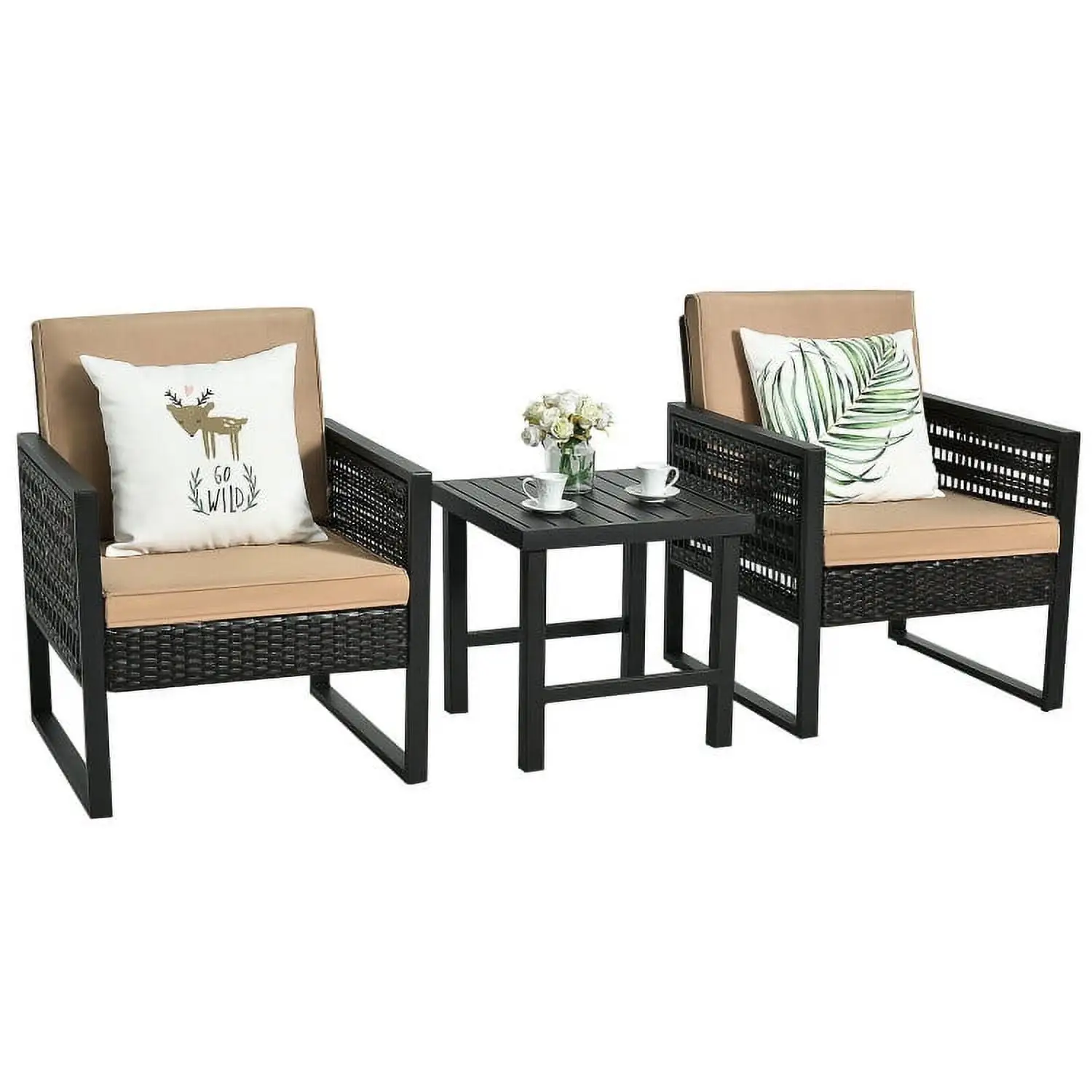 Aimee Lii 3 Pieces Wicker Patio Bistro Cushioned Furniture Set. Small Patio Set with Square Tea Table