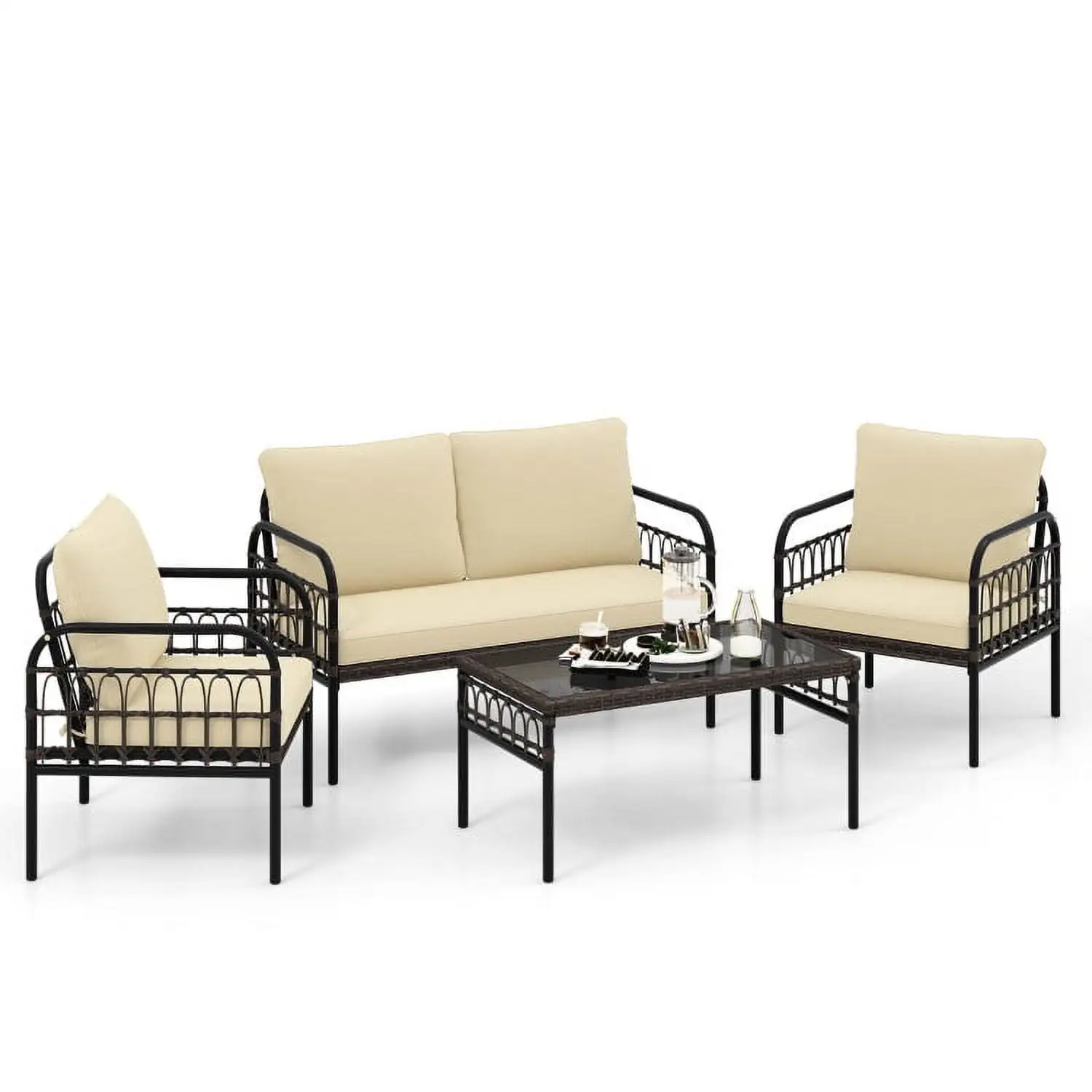 Aimee Lii 4 Pieces Outdoor Wicker Conversation Bistro Set with Cushions and Glass Coffee Table. Outdoor Patio Set. Beige