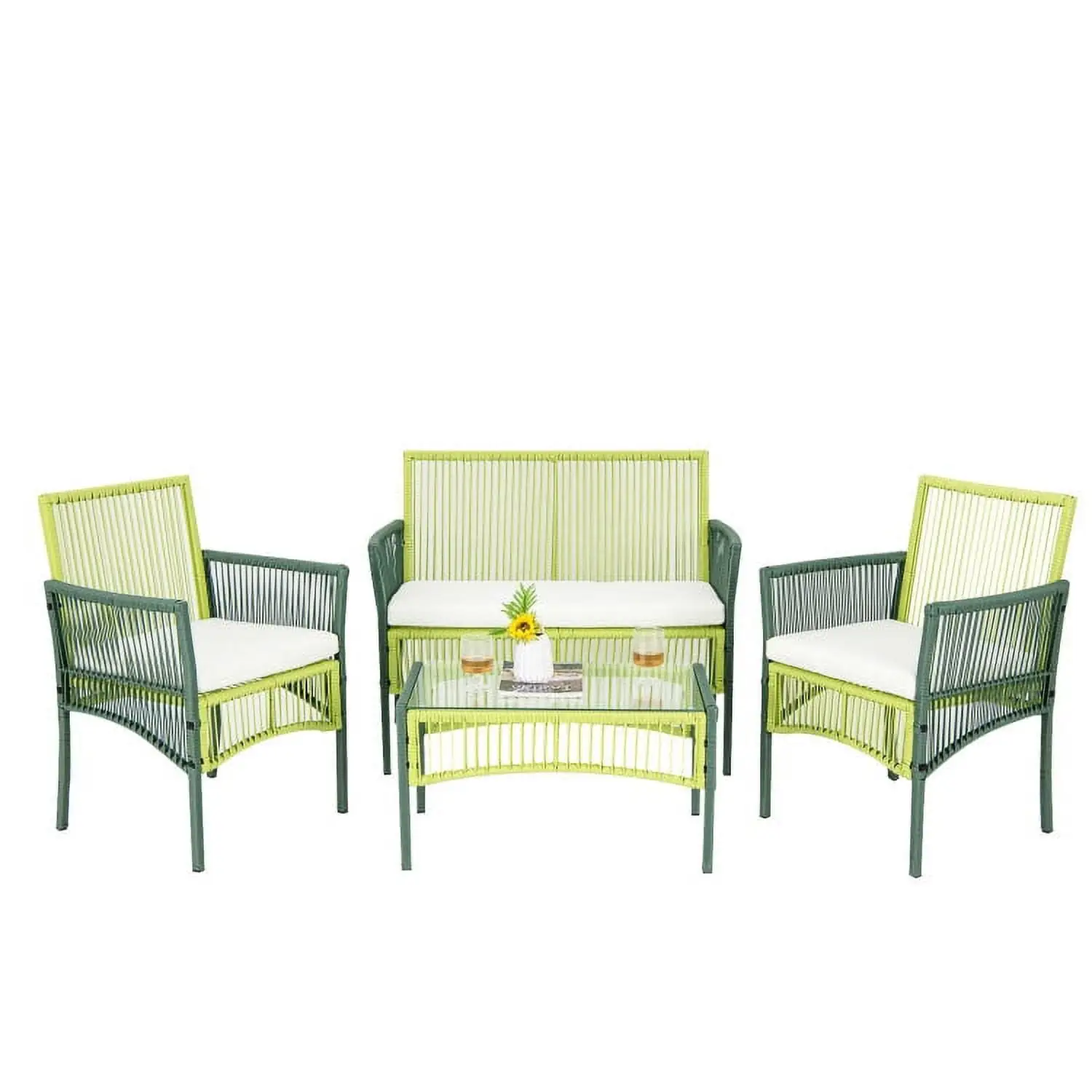 Aimee Lii 4 Pieces Patio Round Wicker Conversation Set. Outdoor Patio Furniture Set. Green