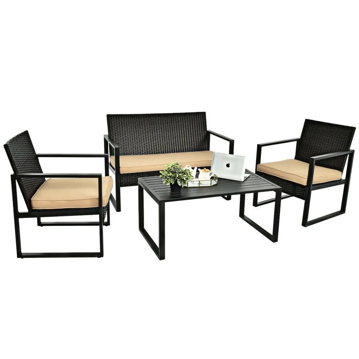 Aimee Lii 4 Pieces Wicker Patio Furniture Set. Cushioned Sofa. Small Patio Set with Square Tea Table