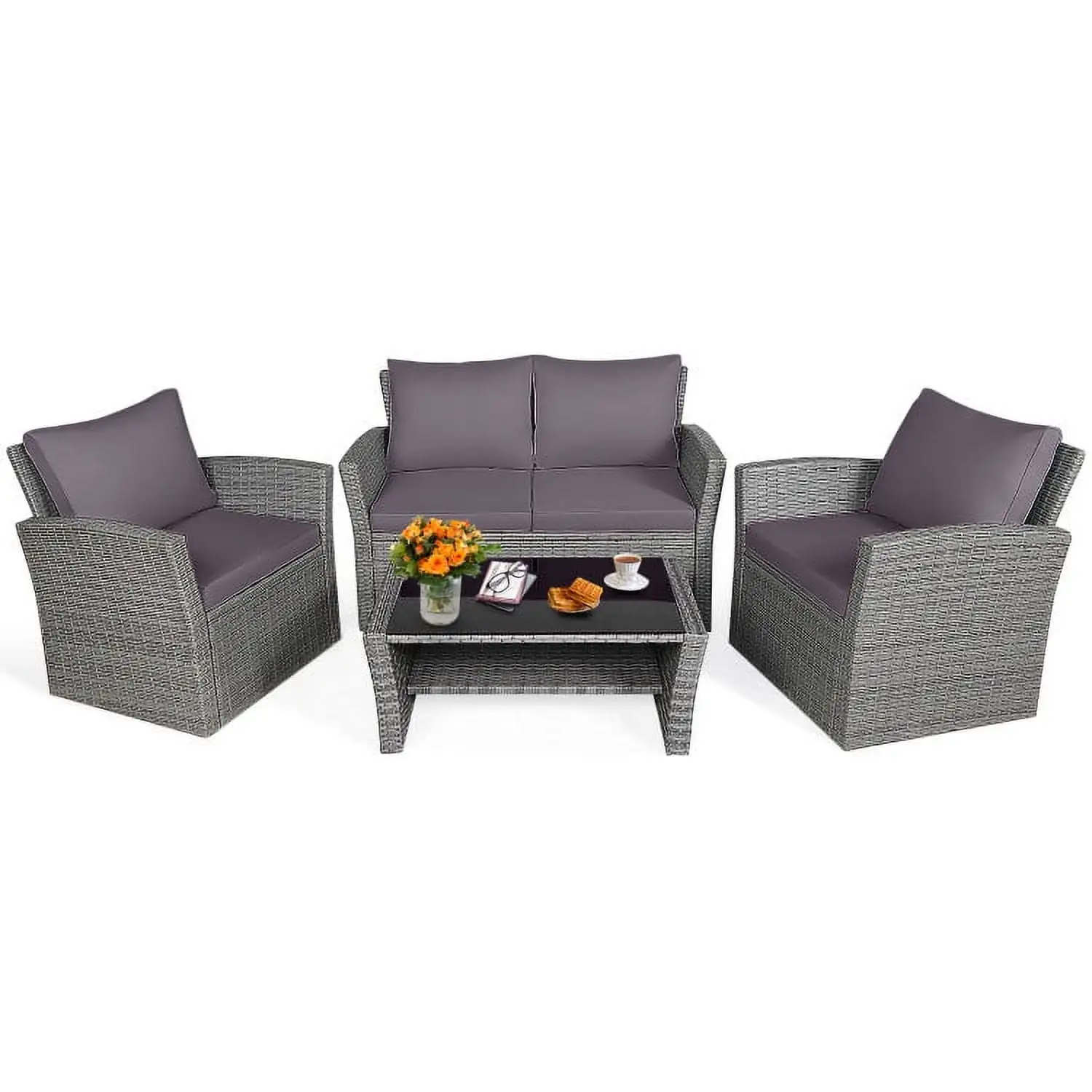 Aimee Lii 4 Pieces Wicker Patio Furniture Set Sofa Table with Storage Shelf Cushion. Modern Patio Furniture. Gray