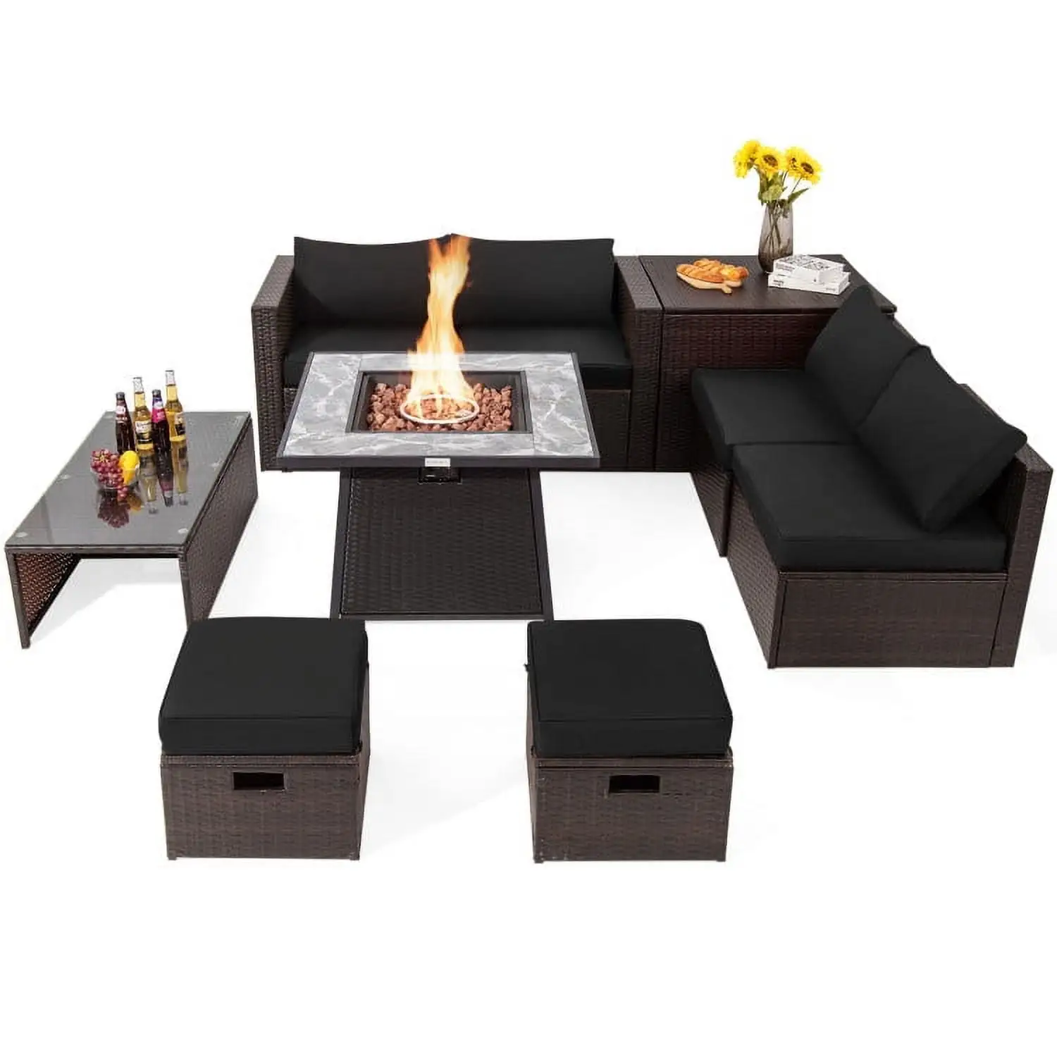 Aimee Lii 9 Pieces Patio PE Wicker Sectional Set with 50000 BTU Fire Pit Table. Outdoor Patio Set. Black