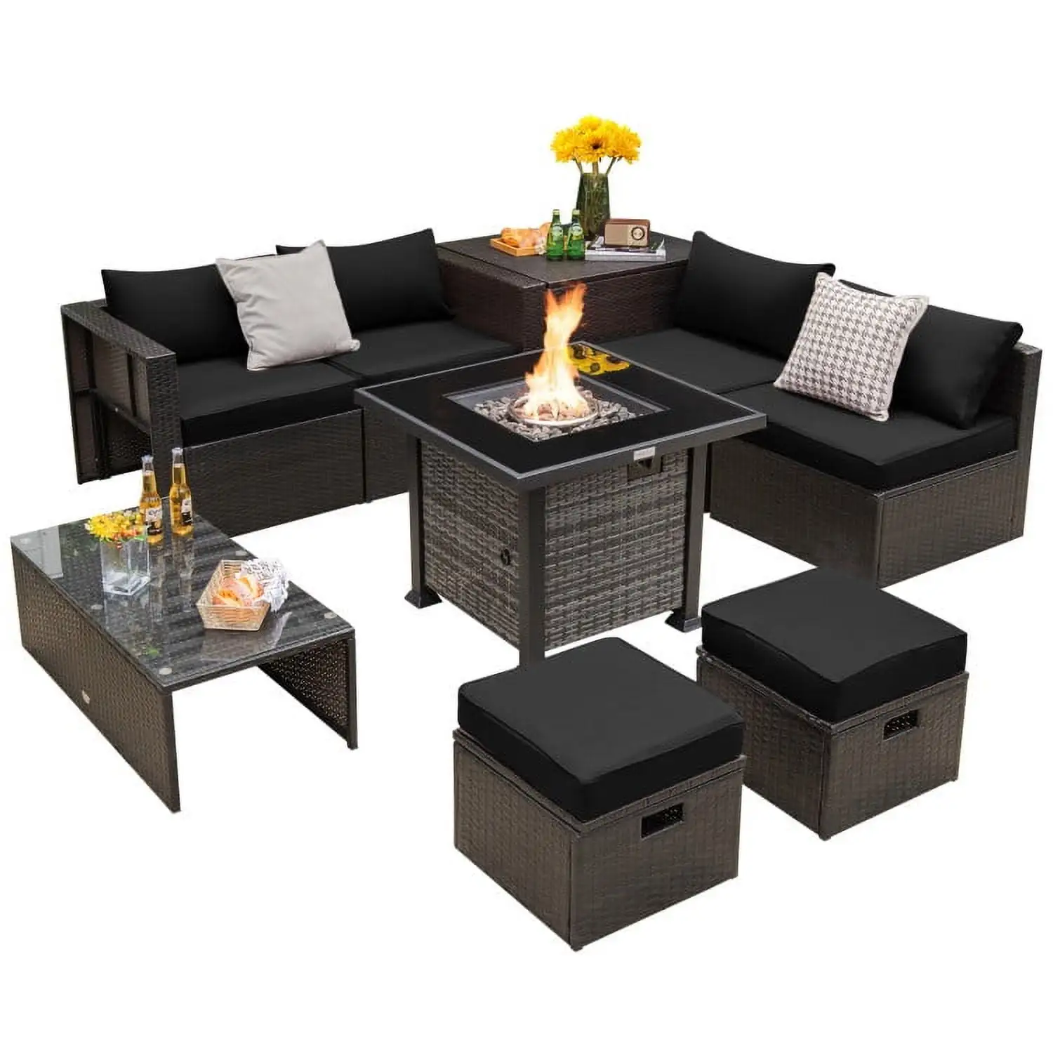 Aimee Lii Outdoor 9 Pieces Patio Furniture Set with Propane Fire Pit Table. Patio Furniture Sets. Black