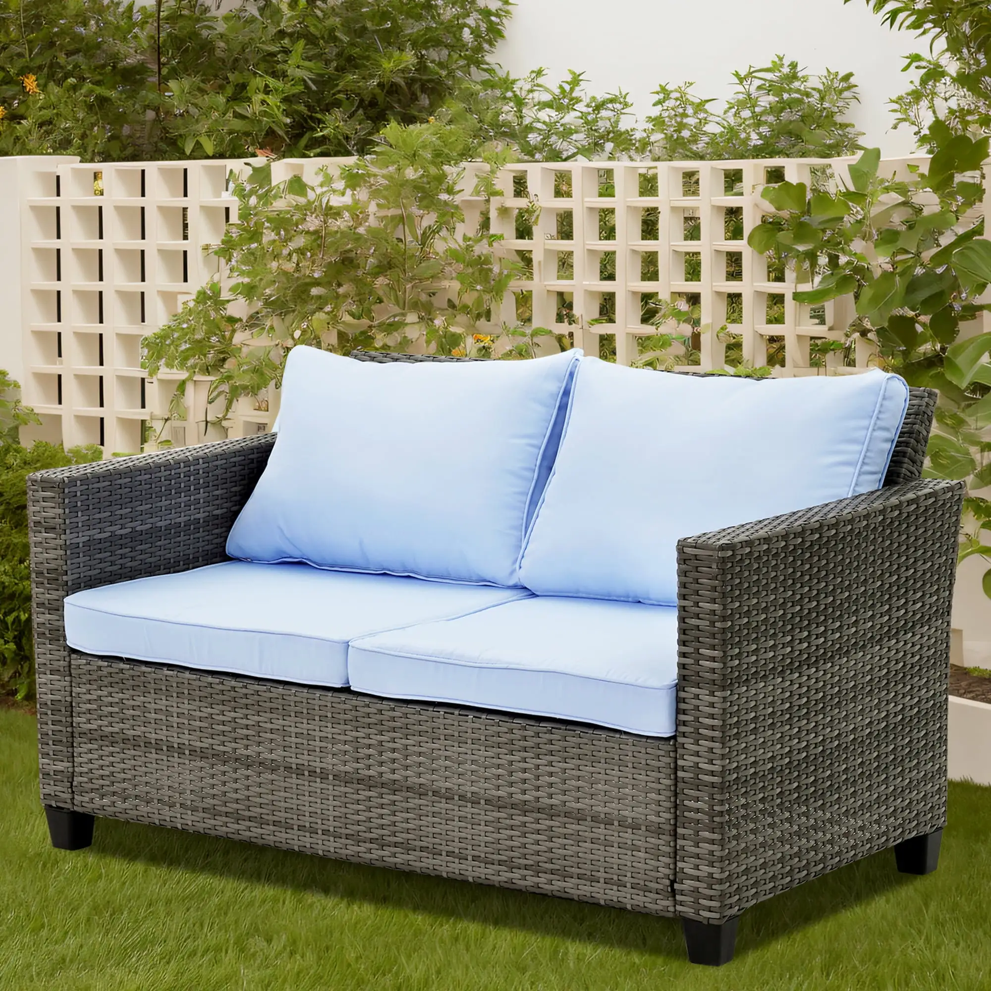 Ainfox Outdoor Patio Furniture Loveseat. Wicker Rattan SofaBlue