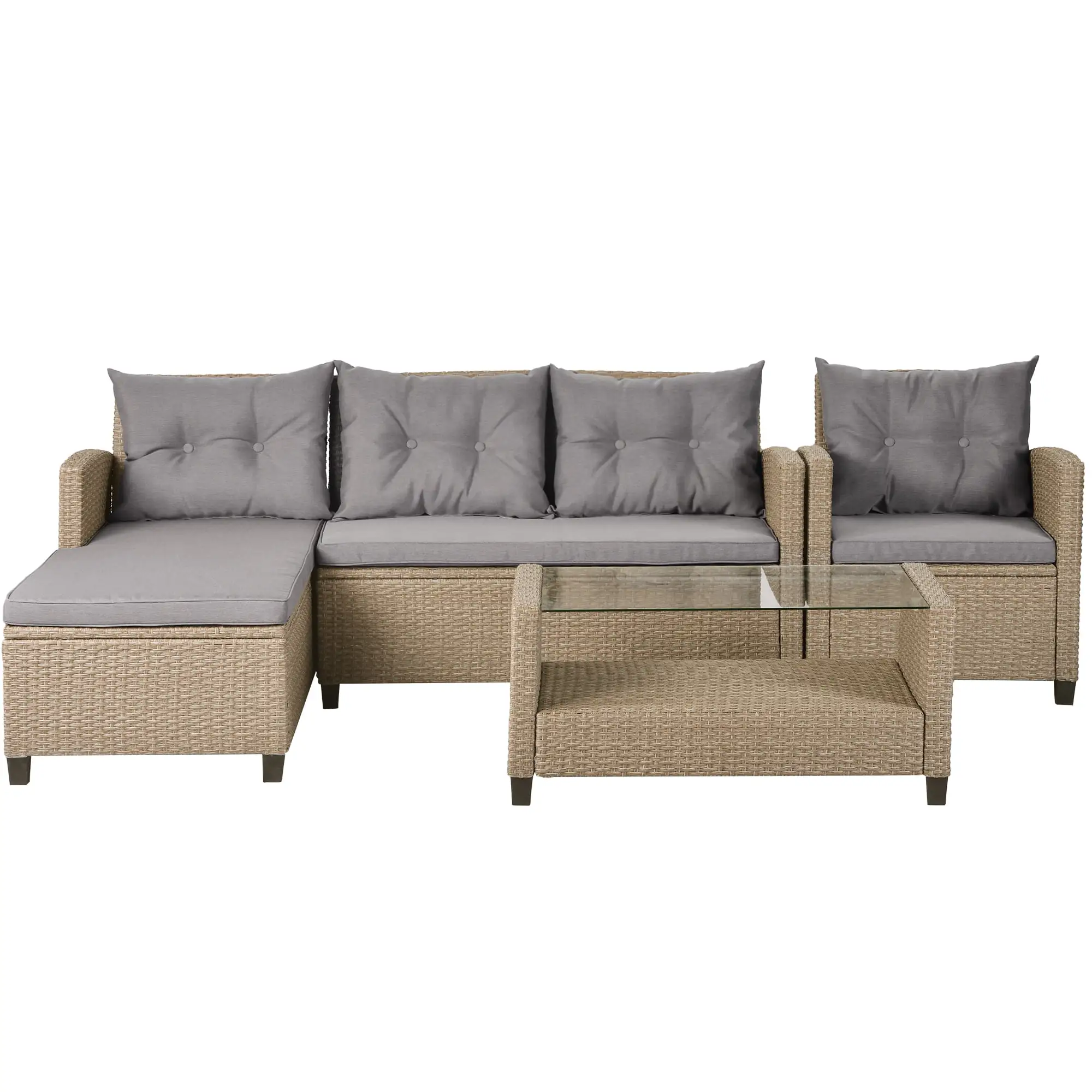 Al Fresco 4 Piece Outdoor PE Rattan Sofa Set with 2 Seater Sofa. Lounge Sofa. Coffee Table and Sofa Chair. Padded Patio Conversation Table Chair Set for Garden. Backyard. Poolside