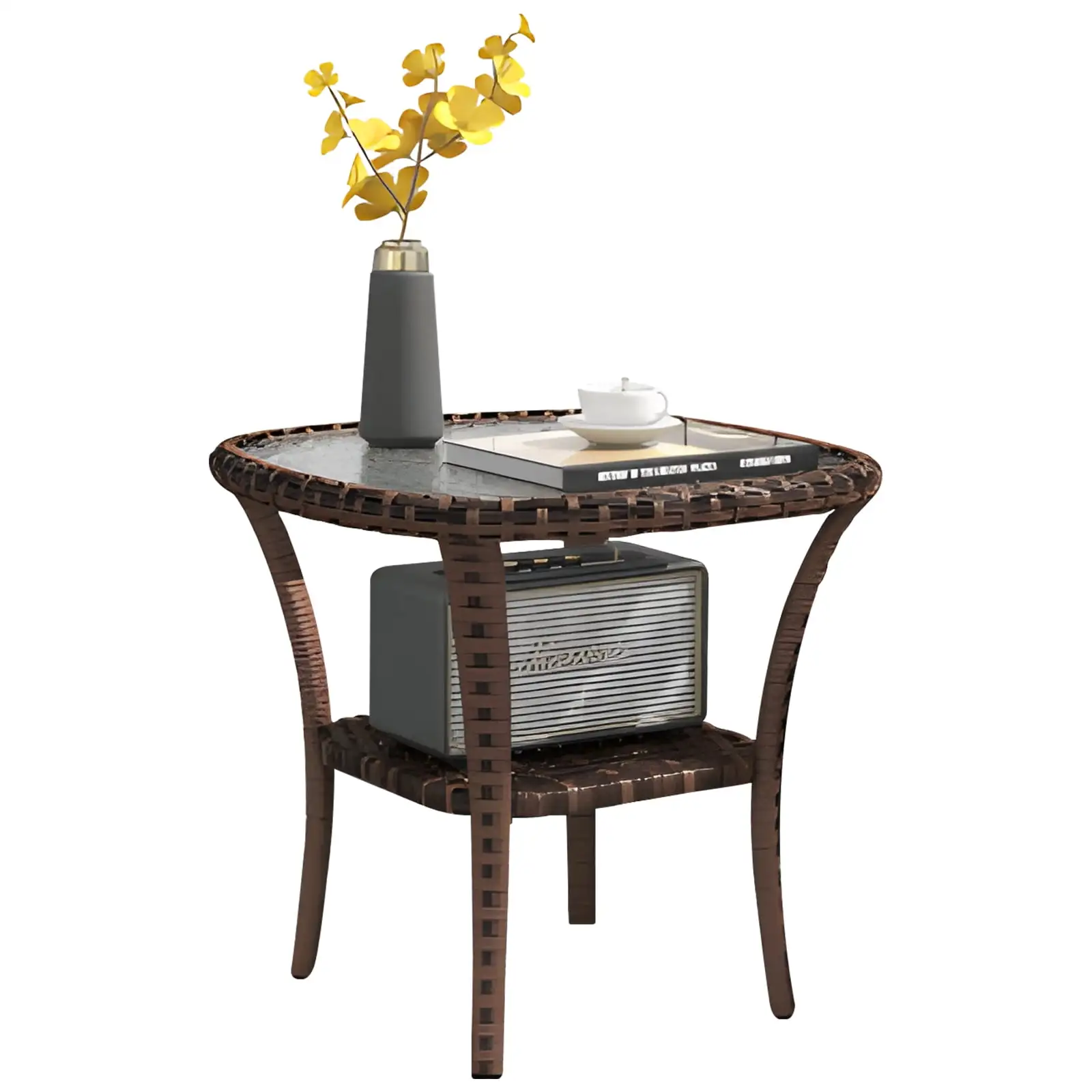 Al Fresco Outdoor Rattan Table Patio Wicker Coffee Table Round Bistro Table with Glass Top and Storage Shelf. Brown