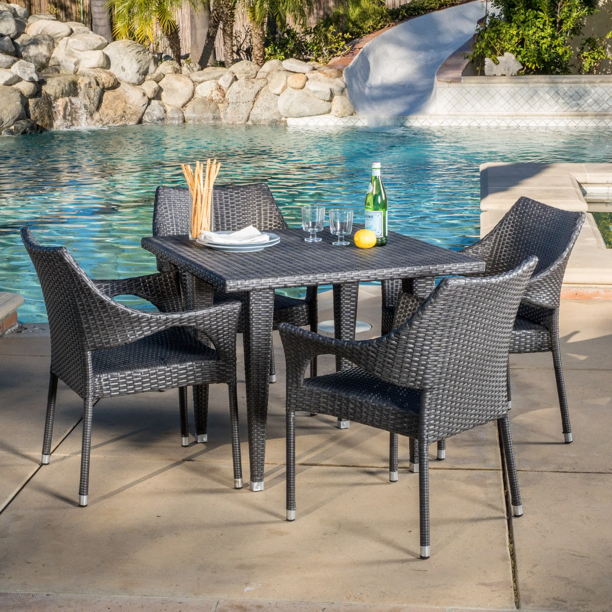 Alameda 5 Piece Outdoor Wicker Square Dining Set. Grey