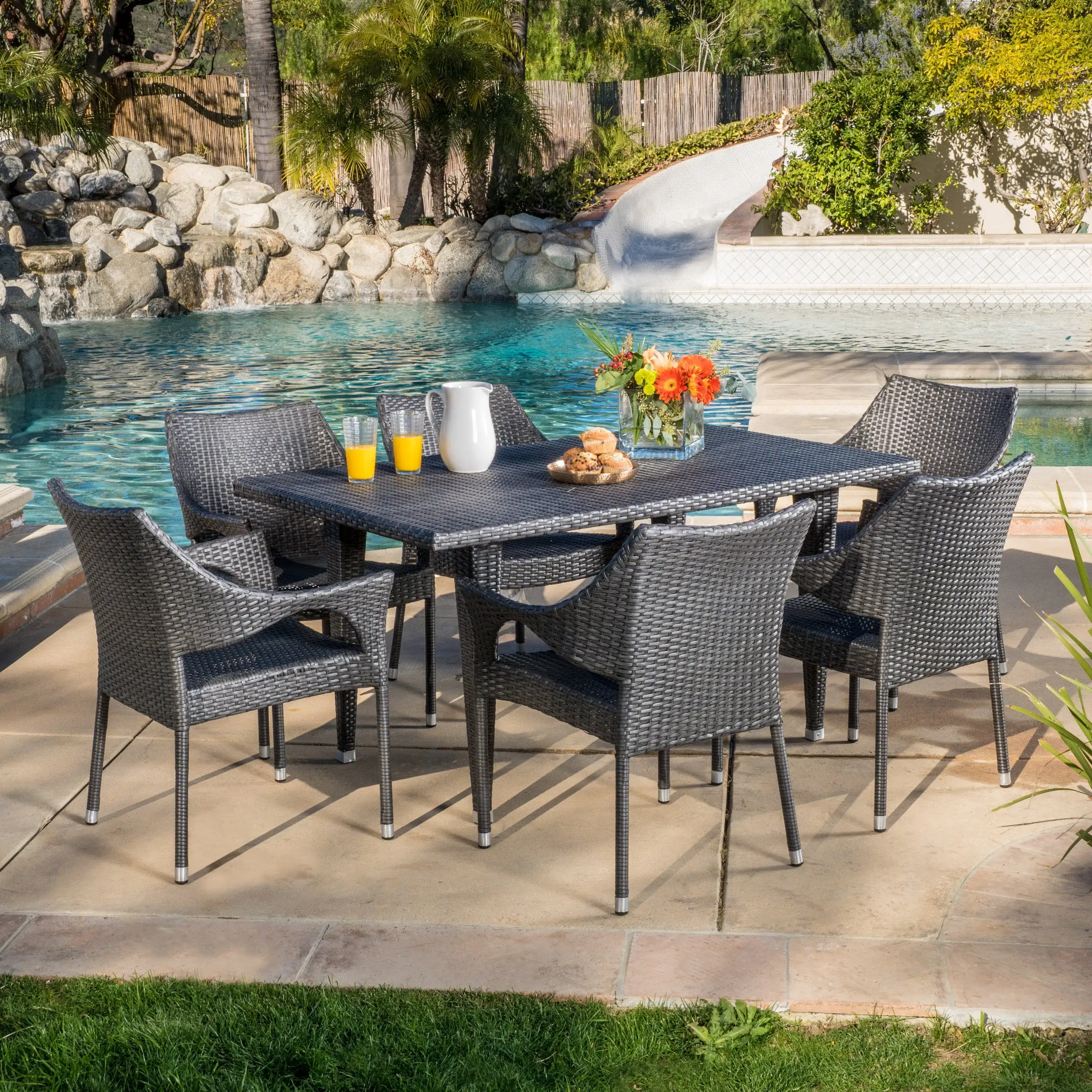 Alameda7 Piece Outdoor Wicker Rectangular Dining Set. Grey