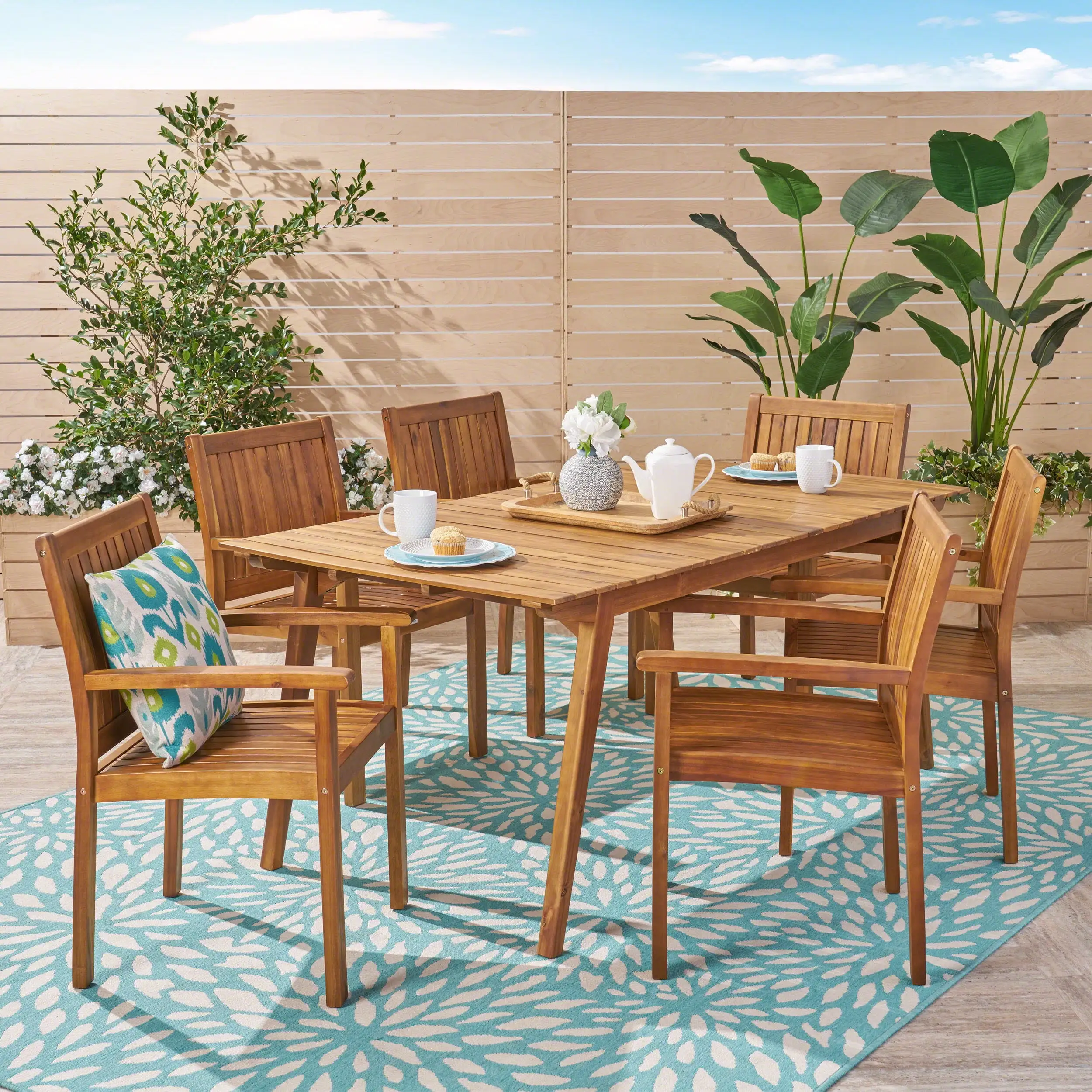 Alayah Outdoor 7 Piece Acacia Wood Dining Set. Teak