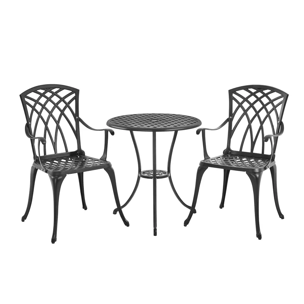 Alden Design 3-Piece Cast Aluminum Patio Bistro Set with Umbrella Hole. Black