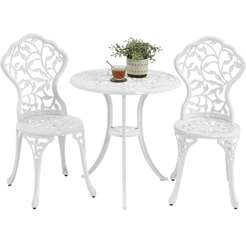 Alden Design 3-Piece Leaf Pattern Metal Outdoor Bistro Set with Umbrella Hole. White