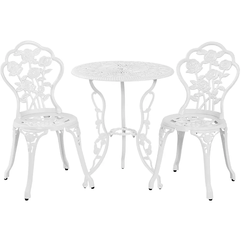 Alden Design 3 Piece Metal Patio Bistro Table Set with Umbrella Hole for Garden. White